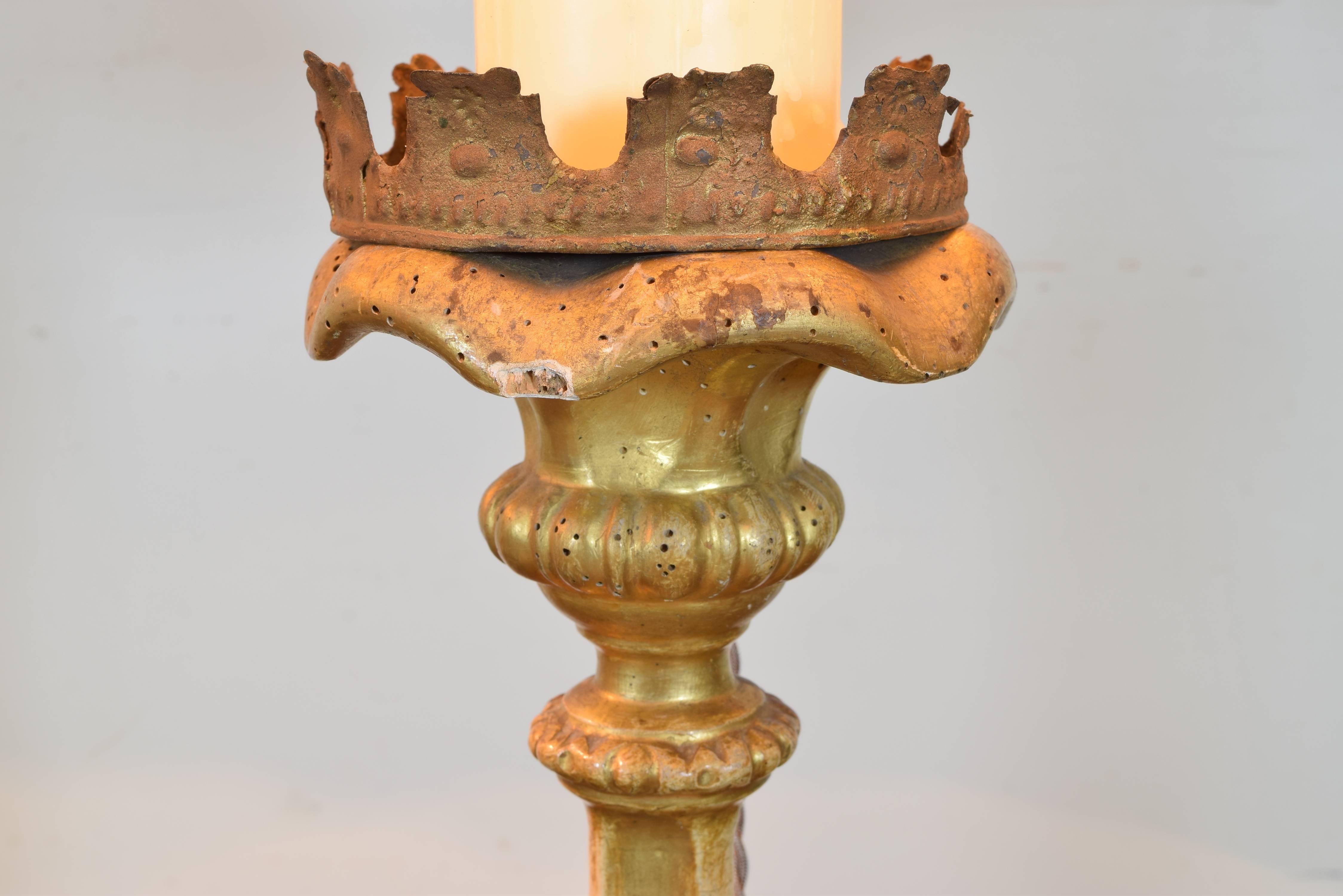 Pair of Italian Rococo Giltwood Candlesticks Mounted as Lamps, 18th Century In Good Condition In Atlanta, GA