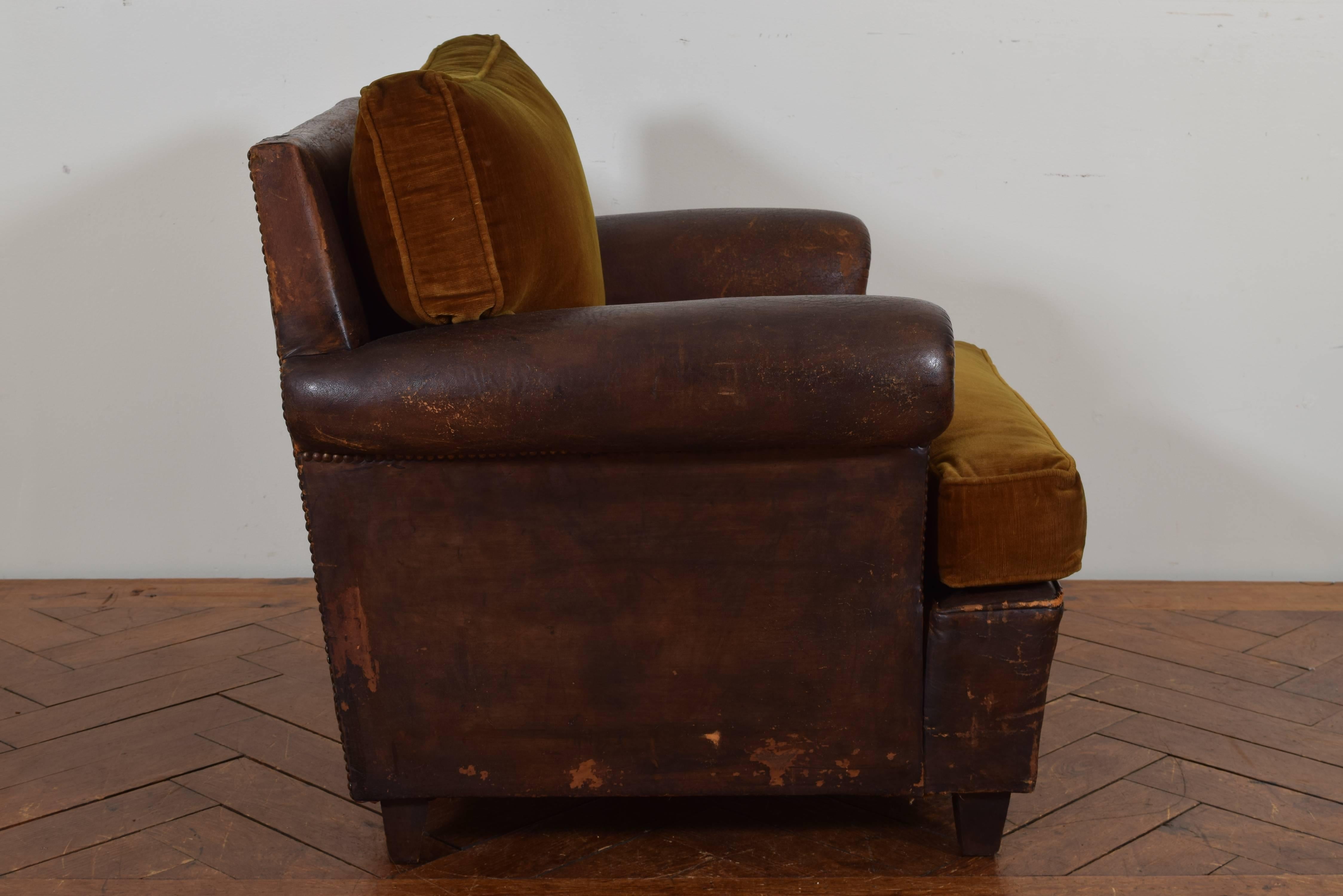Art Deco French Leather Upholstered and Velvet Club Chair
