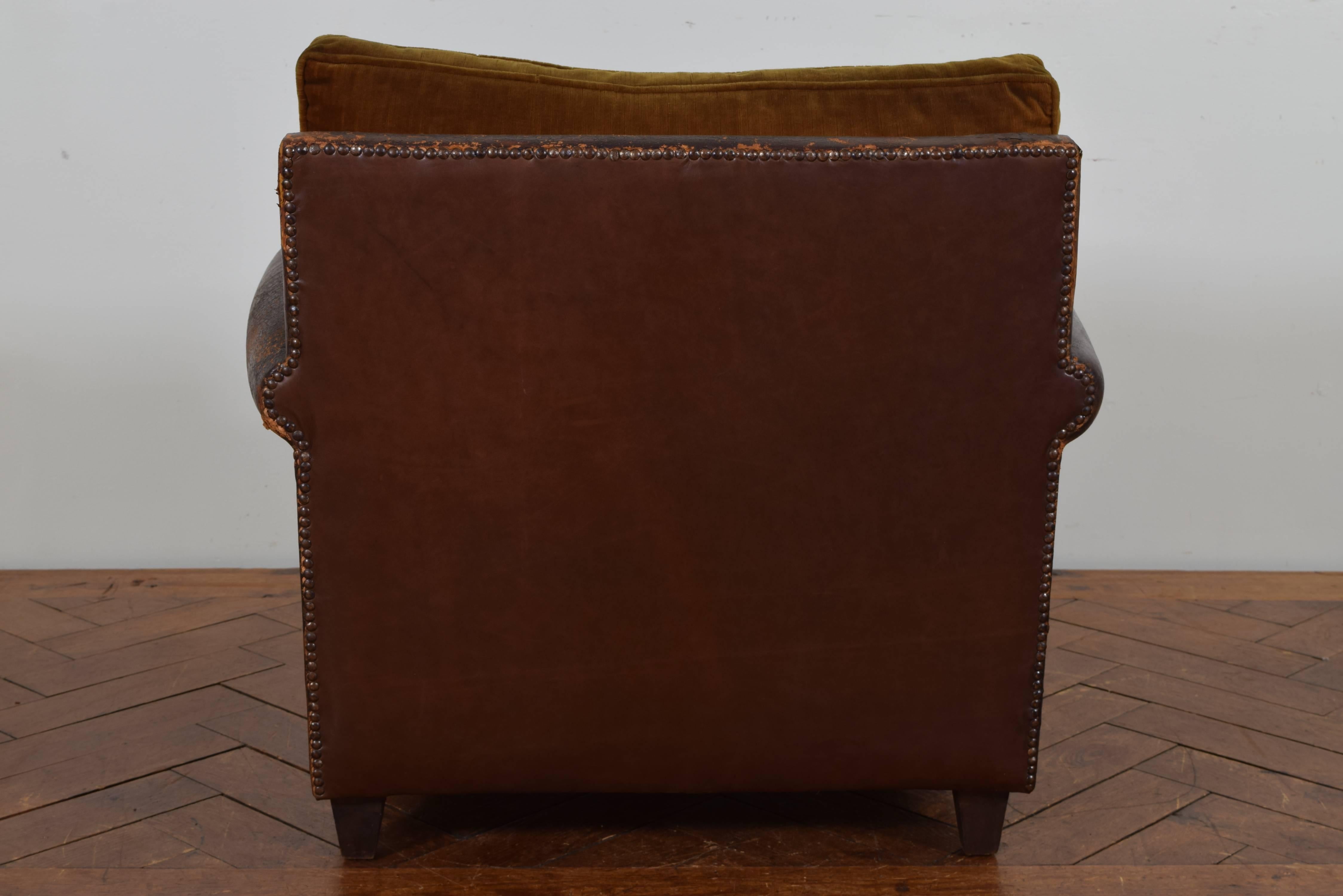 French Leather Upholstered and Velvet Club Chair In Good Condition In Atlanta, GA
