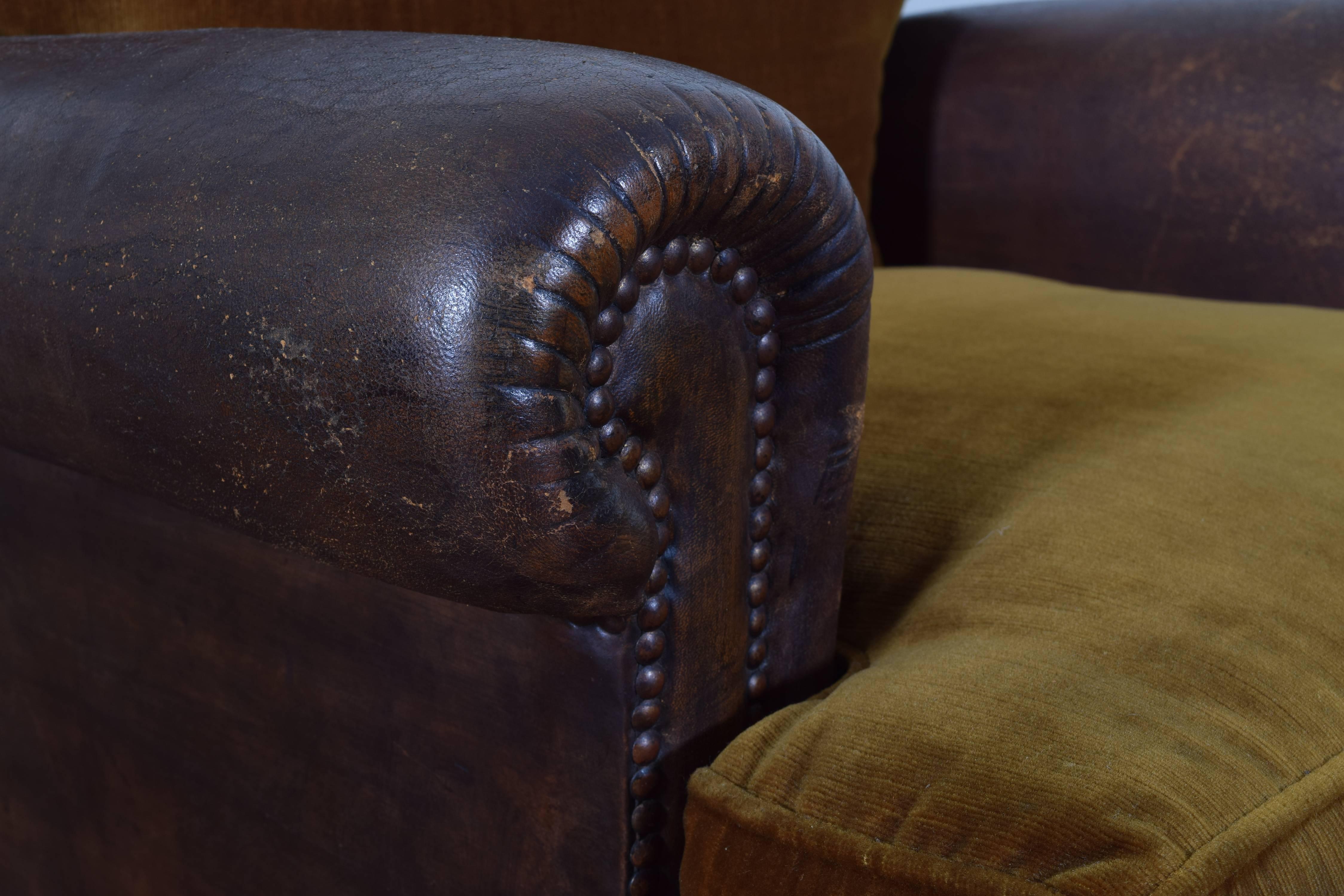 20th Century French Leather Upholstered and Velvet Club Chair