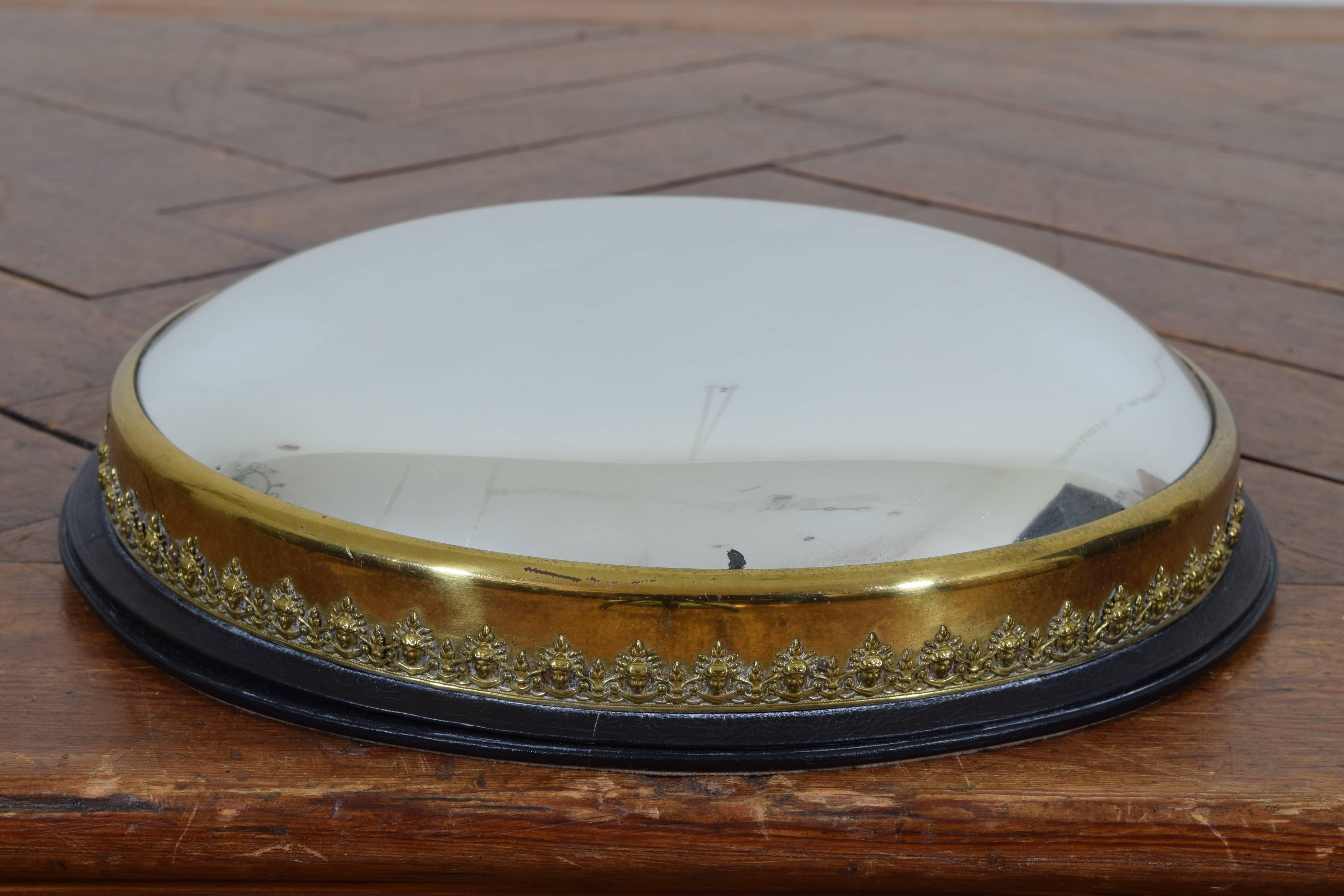 French Neoclassical Style Ebonized Wood and Brass Decorative Convex Mirror In Excellent Condition In Atlanta, GA