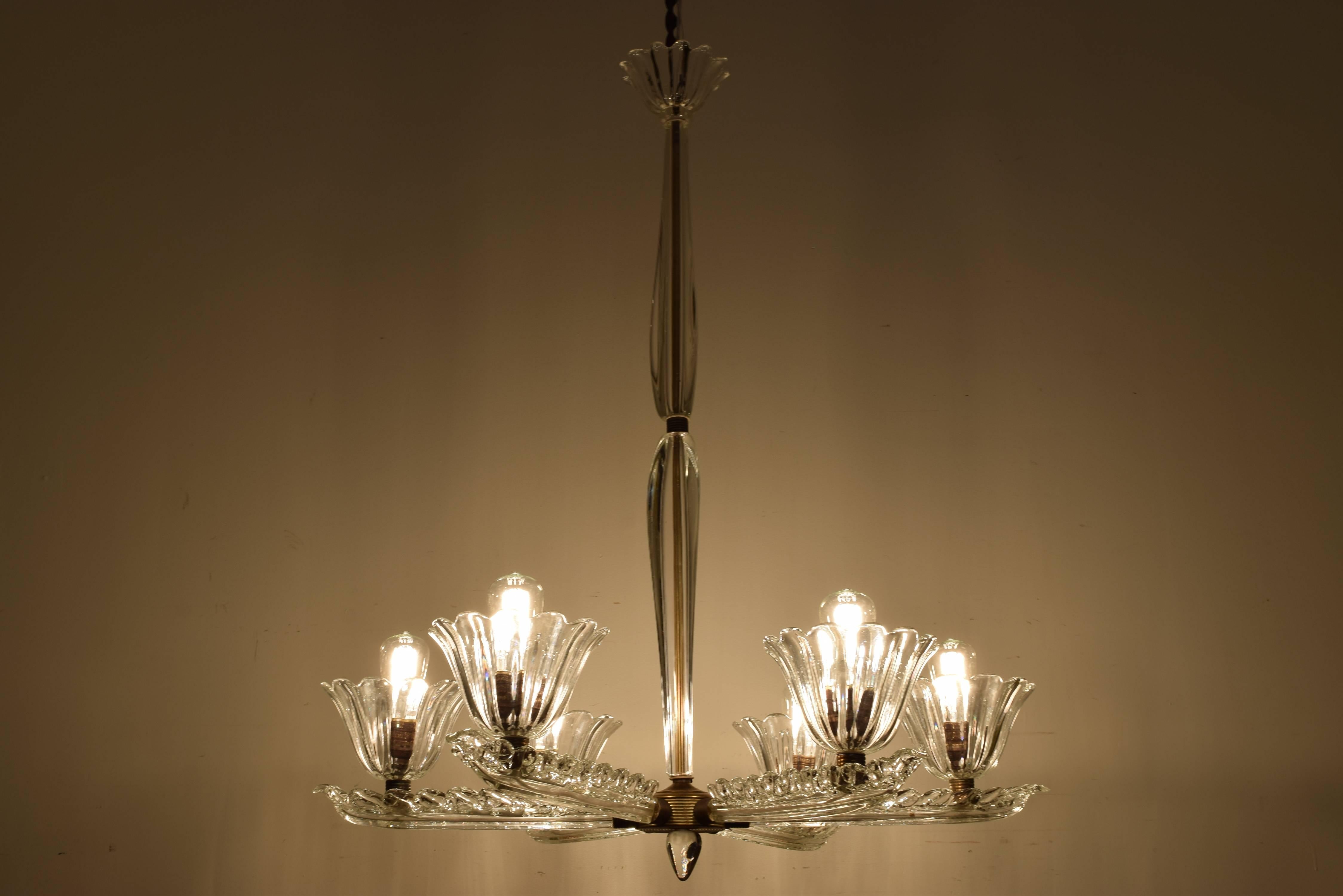 Art Deco Italian Murano Glass Six-Light Chandelier, UL Wired