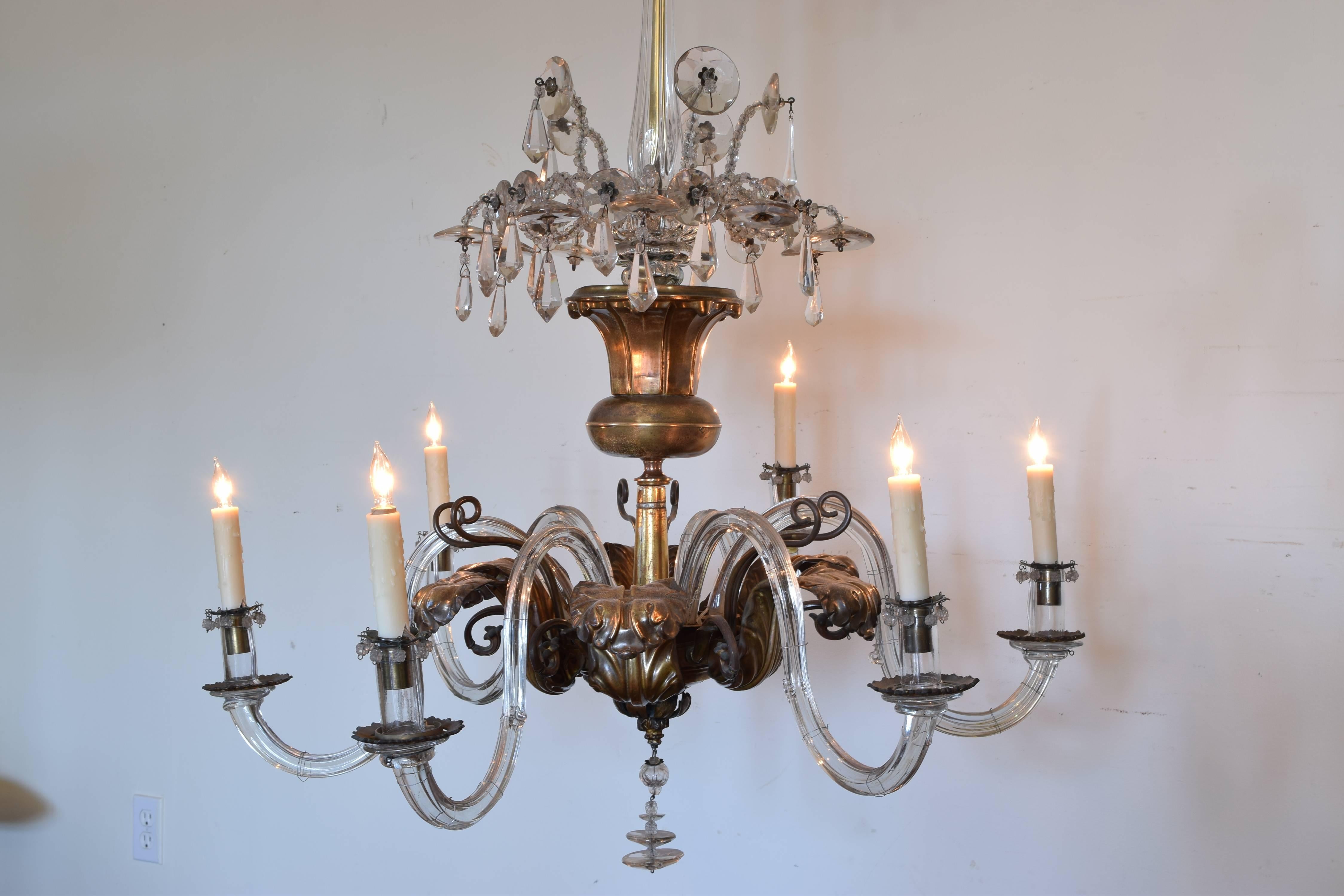 Italian Neoclassical Brass and Glass Six-Light Chandelier, 19th Century UL Wired In Excellent Condition In Atlanta, GA