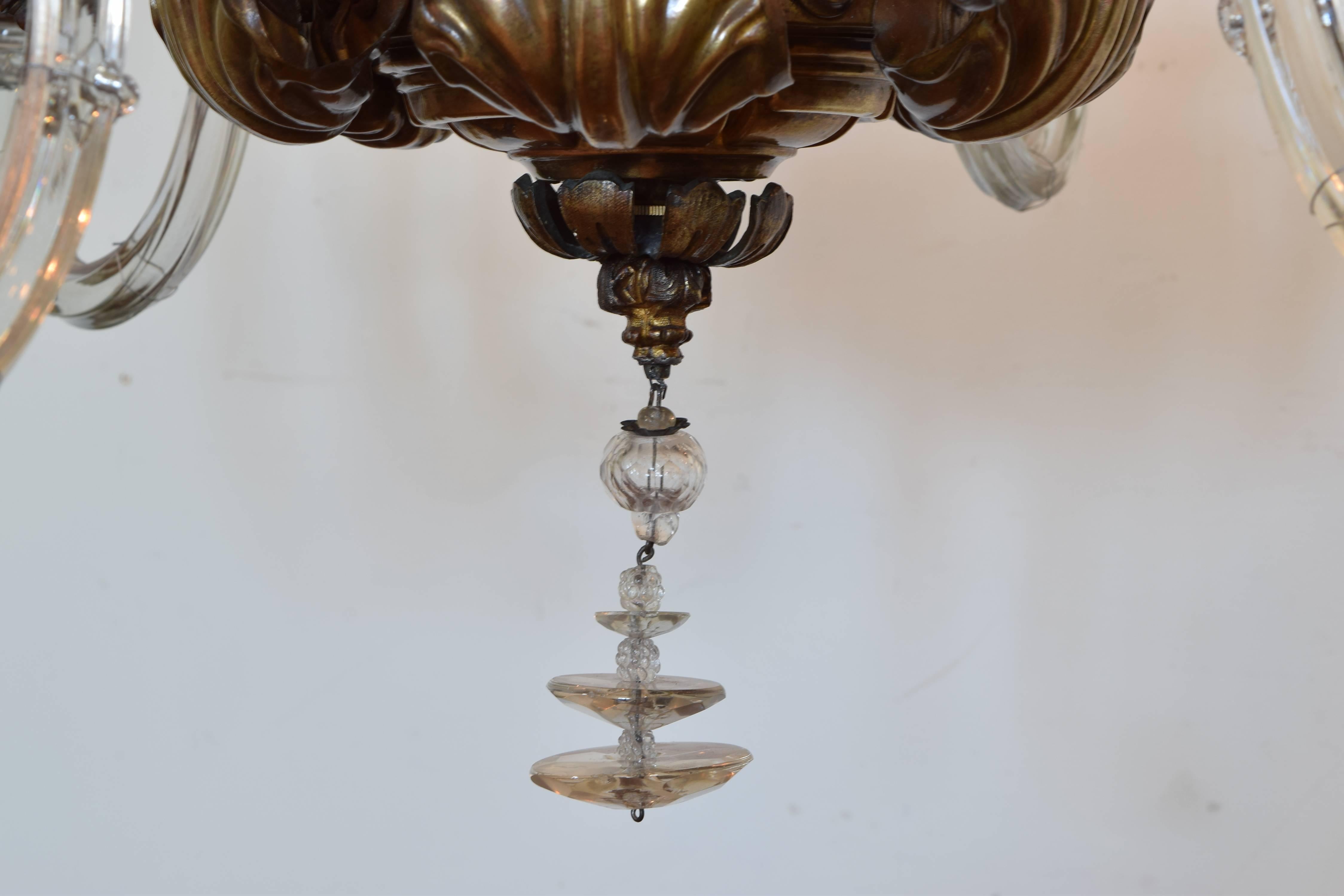 Italian Neoclassical Brass and Glass Six-Light Chandelier, 19th Century UL Wired 6