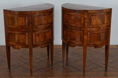 Italian Pair Neoclassic Walnut & Mixed Walnut Veneer Demilune Commodes, 19th C.