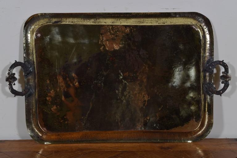 Large Italian Brass and Bronze Handled Serving Tray, Early 18th Century