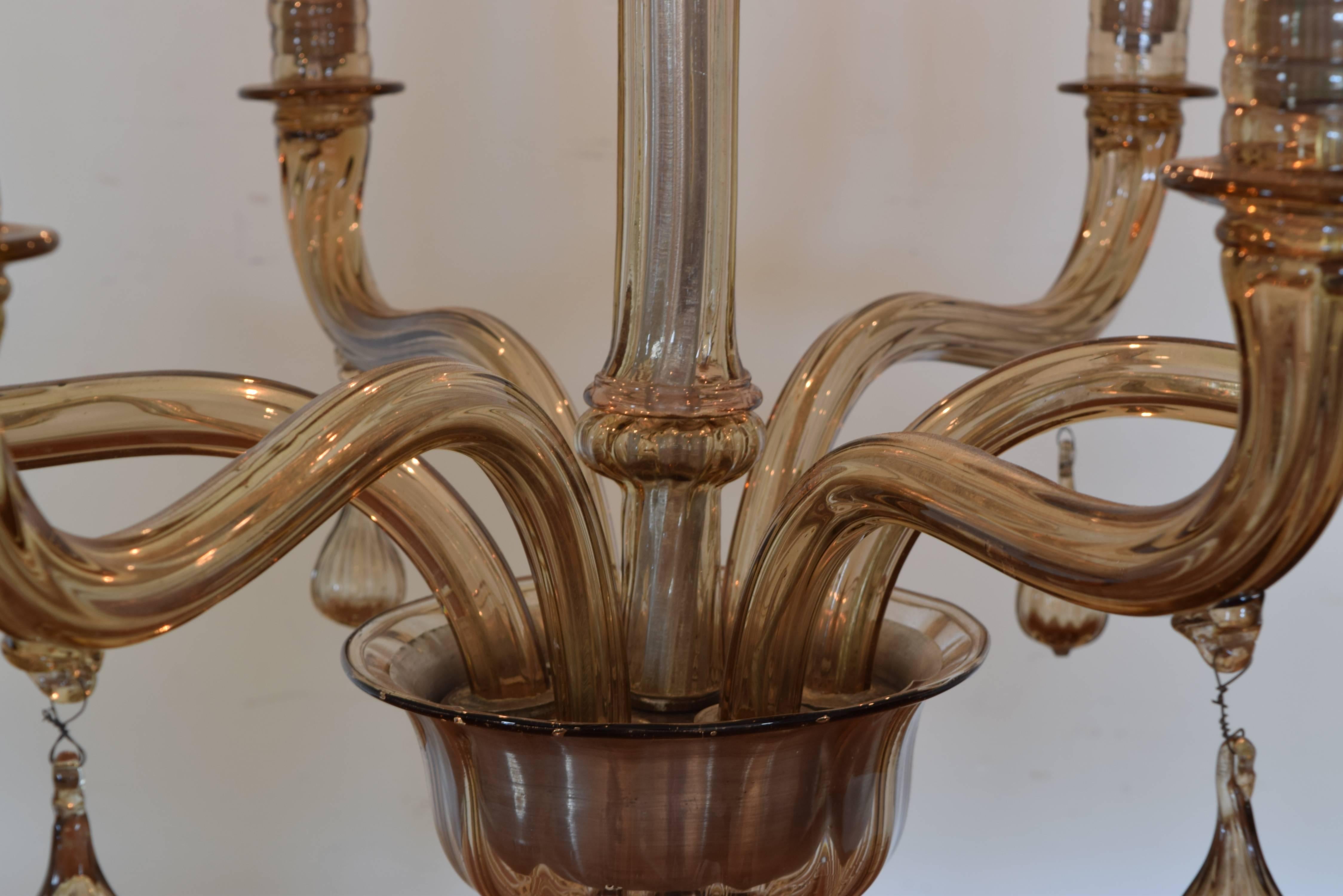 Mid-20th Century Italian Murano Glass Six-Light Chandelier, Second Quarter of the 20th Century