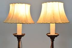 Pair of Italian Turned and Carved Wood Candlestick Lamps, Early 18th Century