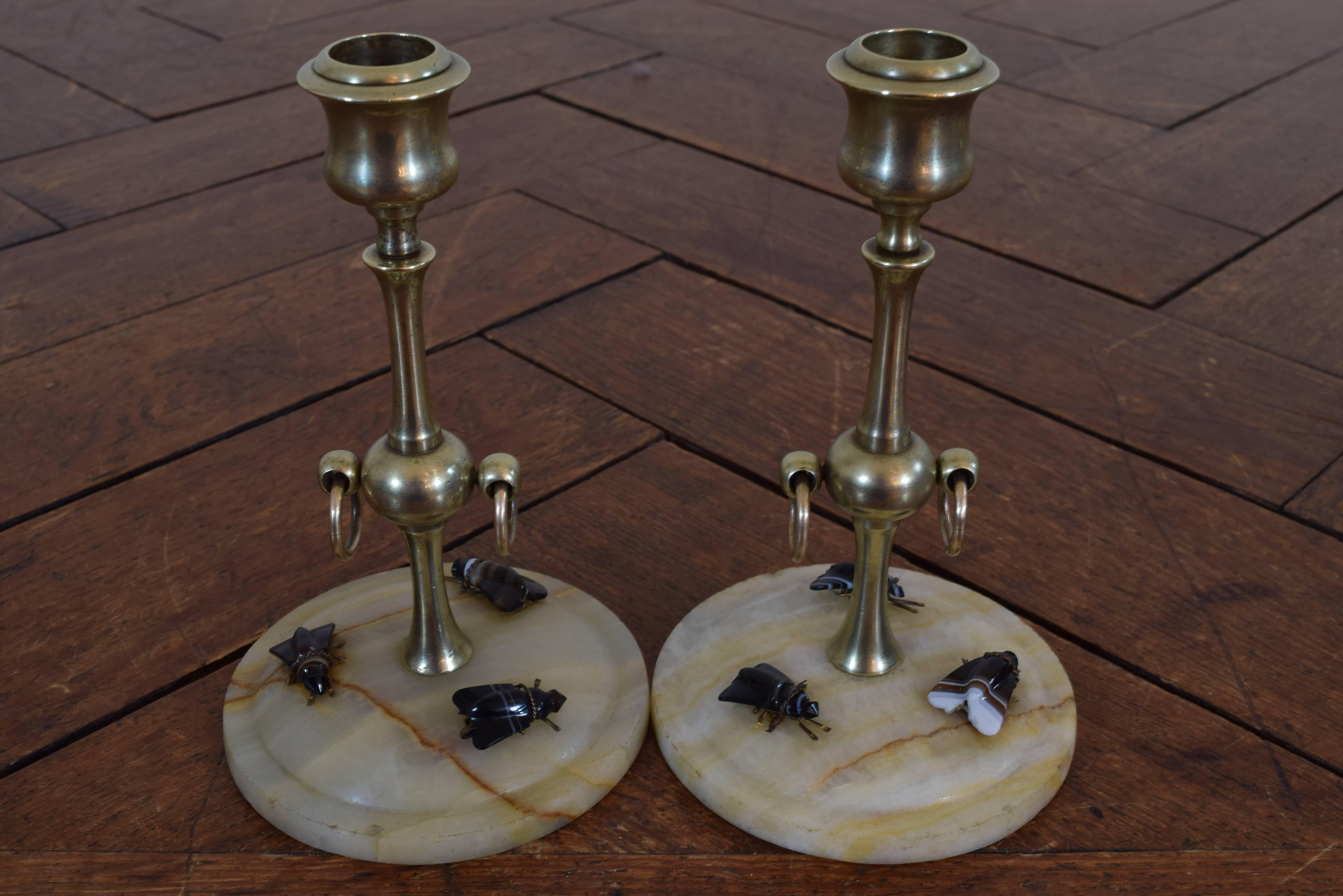 American Agate and Brass Inkwell and Candlesticks, Aesthetic Movement, 19th Century