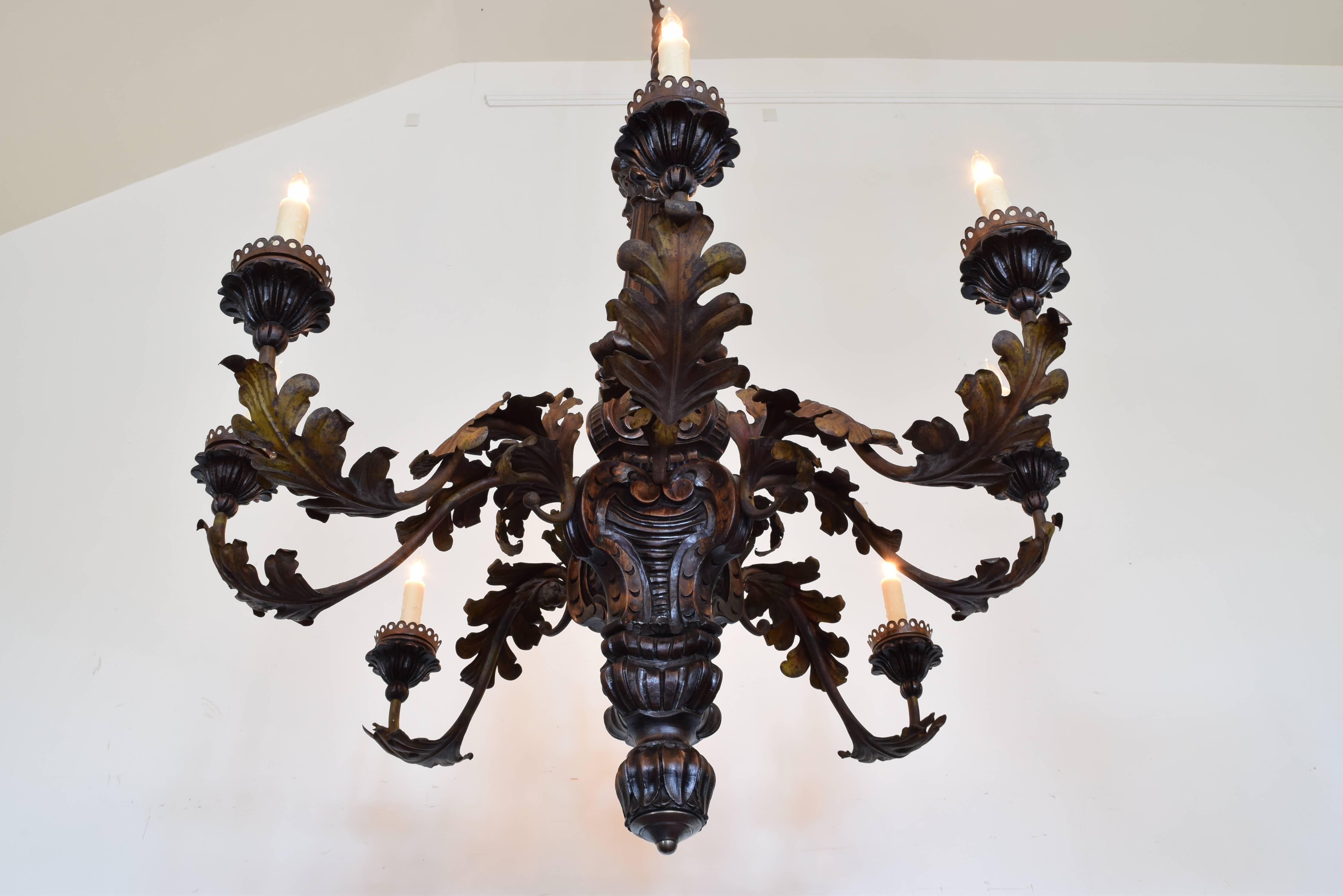Louis XIV Italian Walnut and Painted Metal Eight-Light Chandelier, Early 20th Century