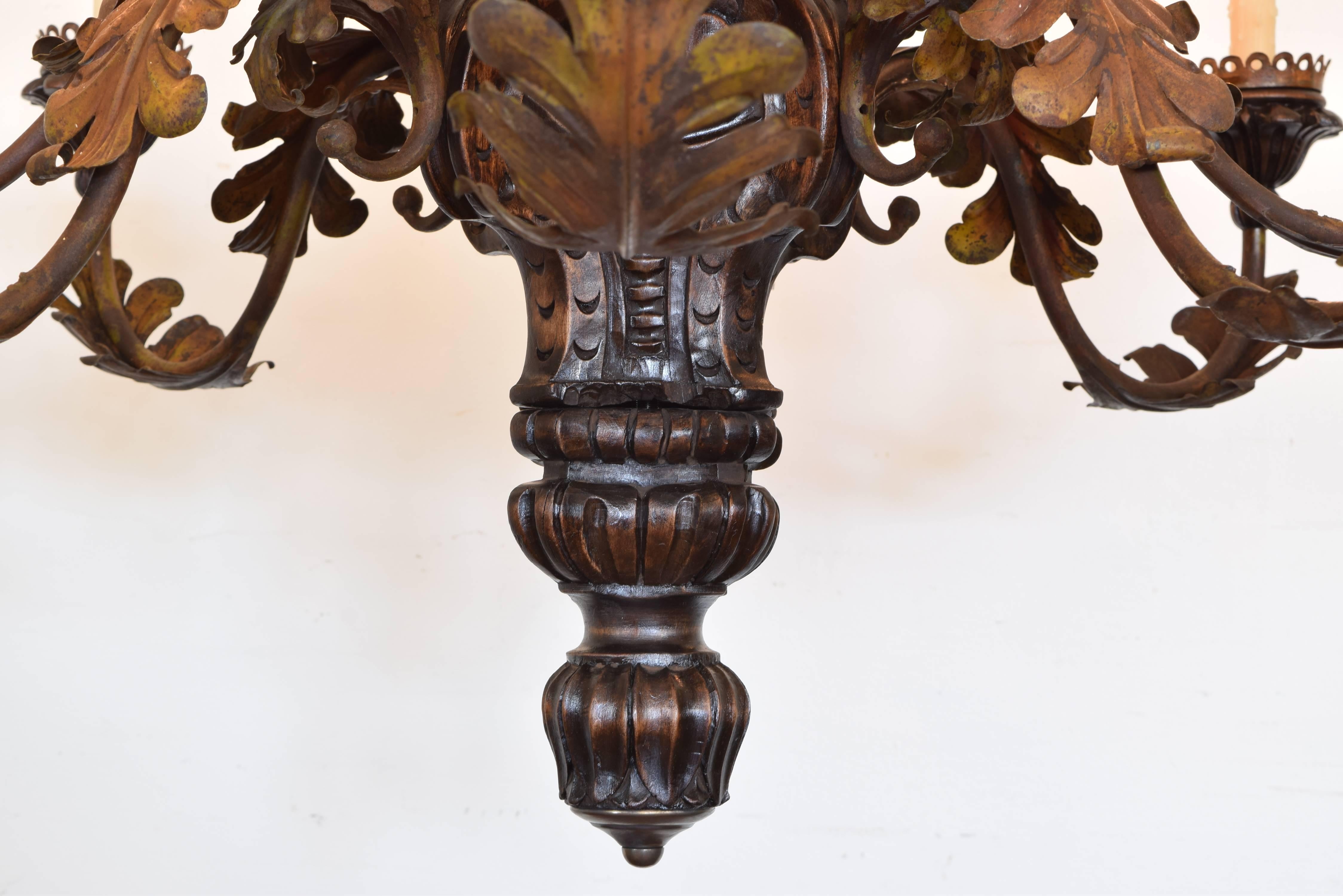 Italian Walnut and Painted Metal Eight-Light Chandelier, Early 20th Century 5