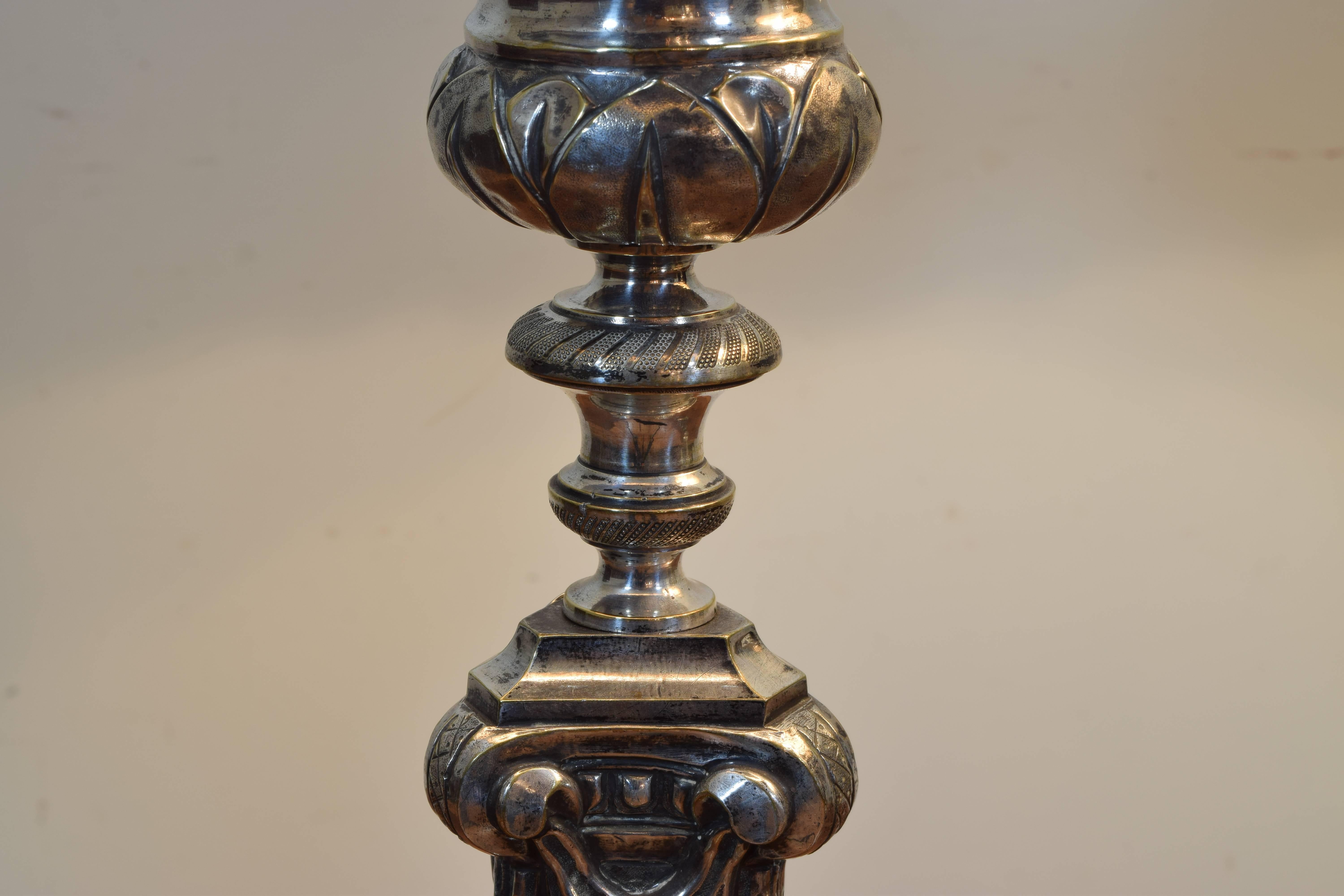 Louis XVI Pair of Large Italian Silvered Brass Candlestick Lamps, Louis XV/XVI Period