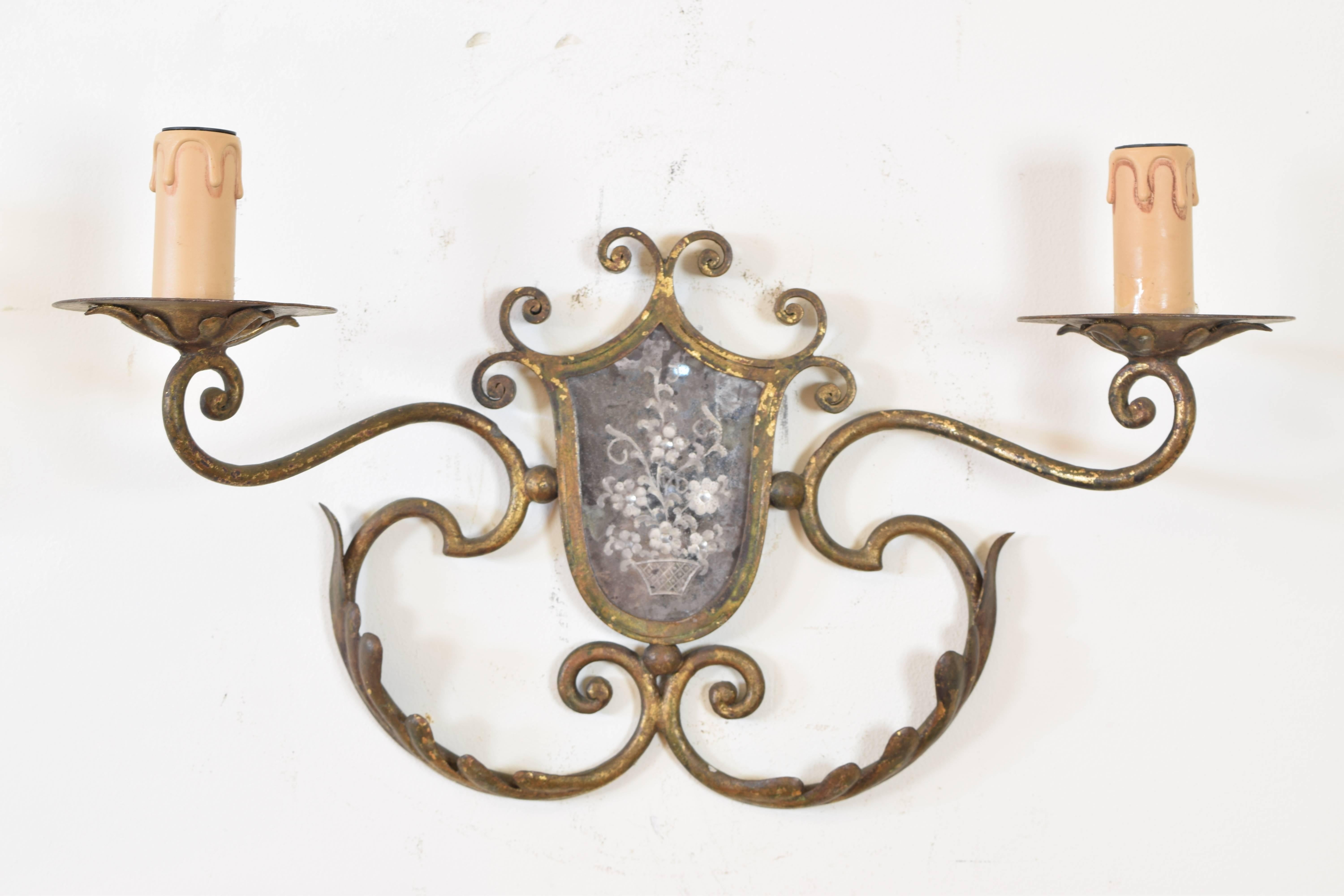Rococo Pair of Italian Gilt Metal and Mirrored Two-Arm Sconces