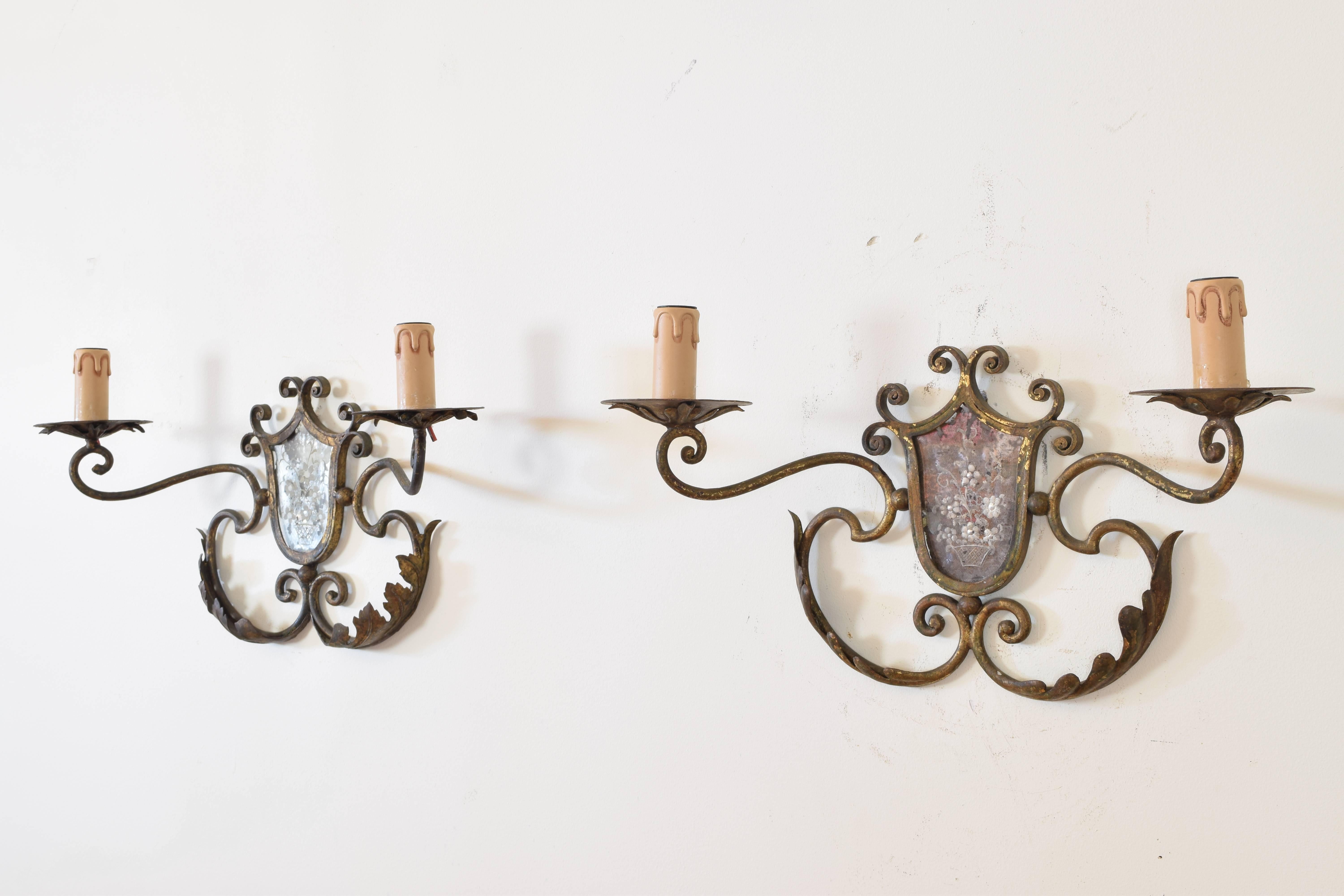 Pair of Italian Gilt Metal and Mirrored Two-Arm Sconces In Excellent Condition In Atlanta, GA
