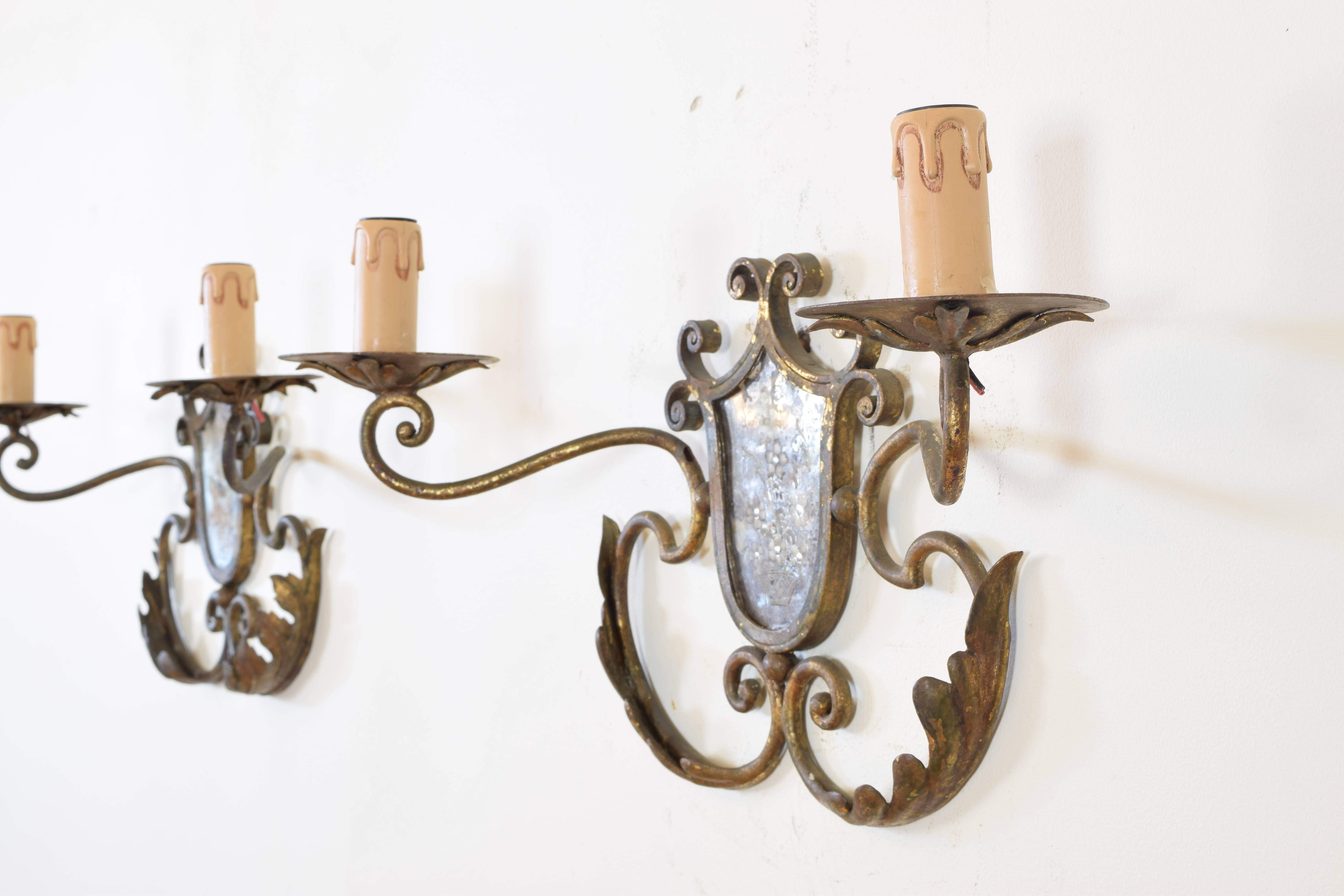 20th Century Pair of Italian Gilt Metal and Mirrored Two-Arm Sconces