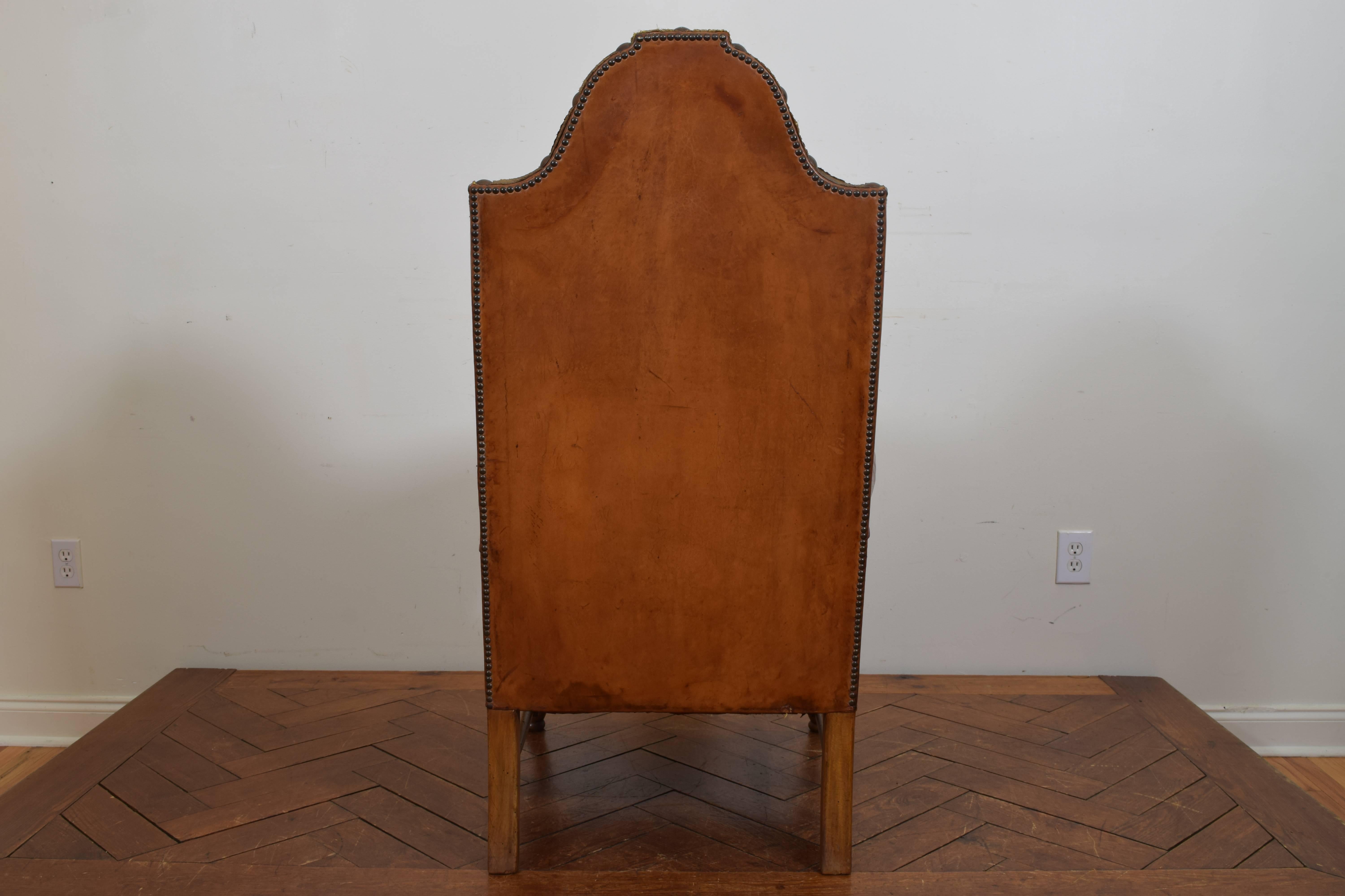 Late 19th Century Spanish Baroque Style Walnut and Leather Upholstered Wing Chair, 19th Century