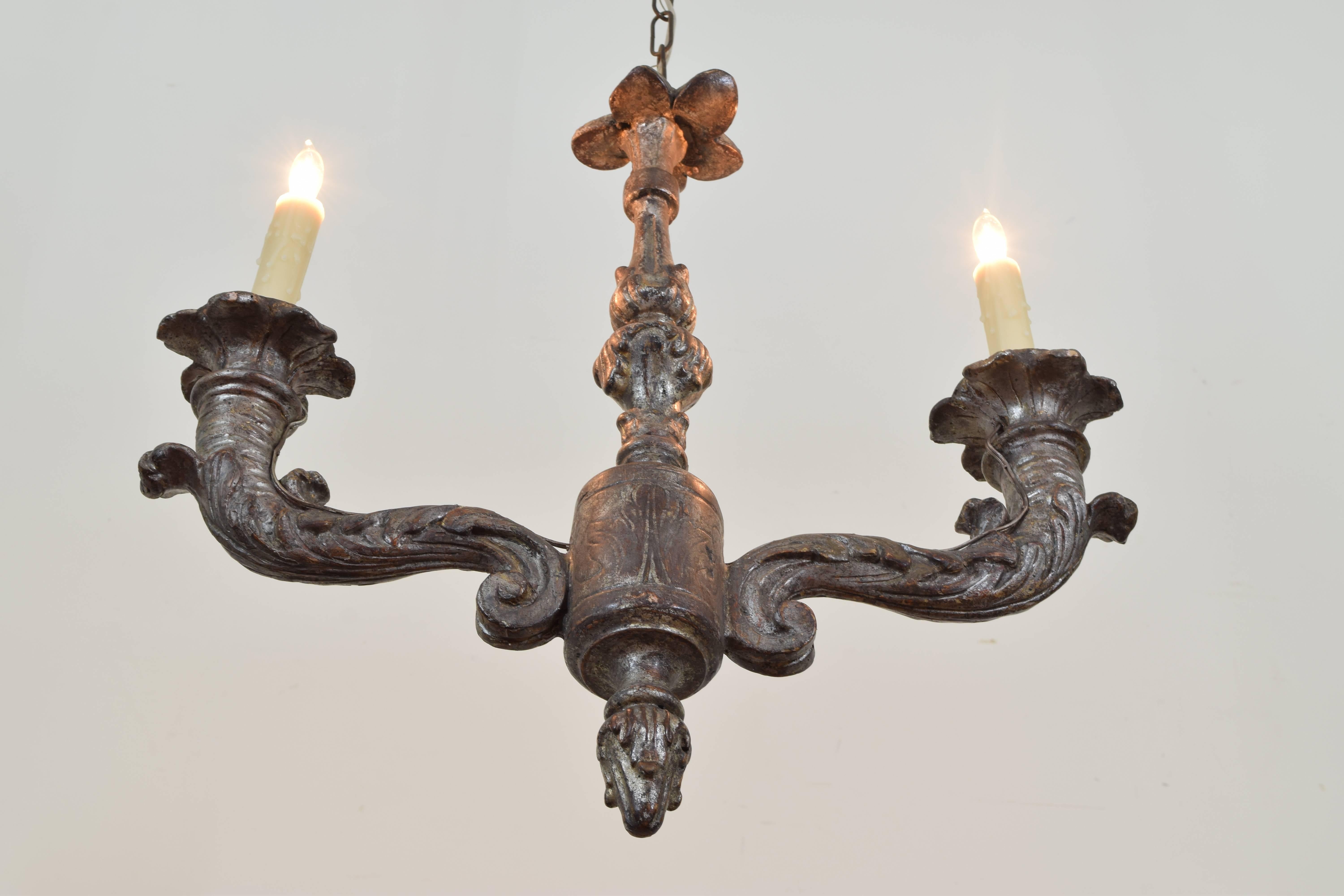 Italian Rococo Carved and Silver Gilt Two-Light Chandelier, 18th Century 2
