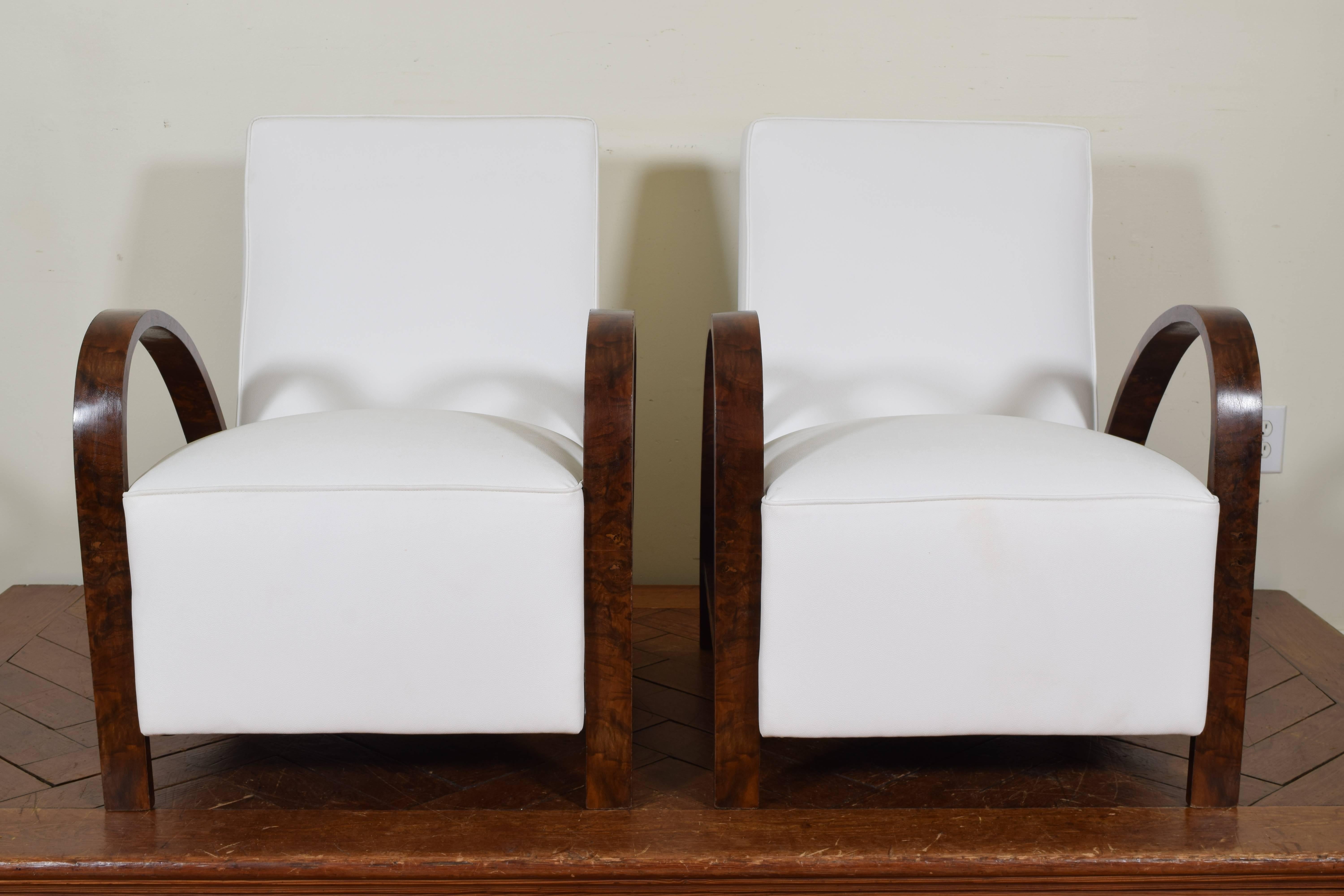 Art Deco Pair Continental Bentwood Lounge Chairs Upholstered in White Leather, circa 1930