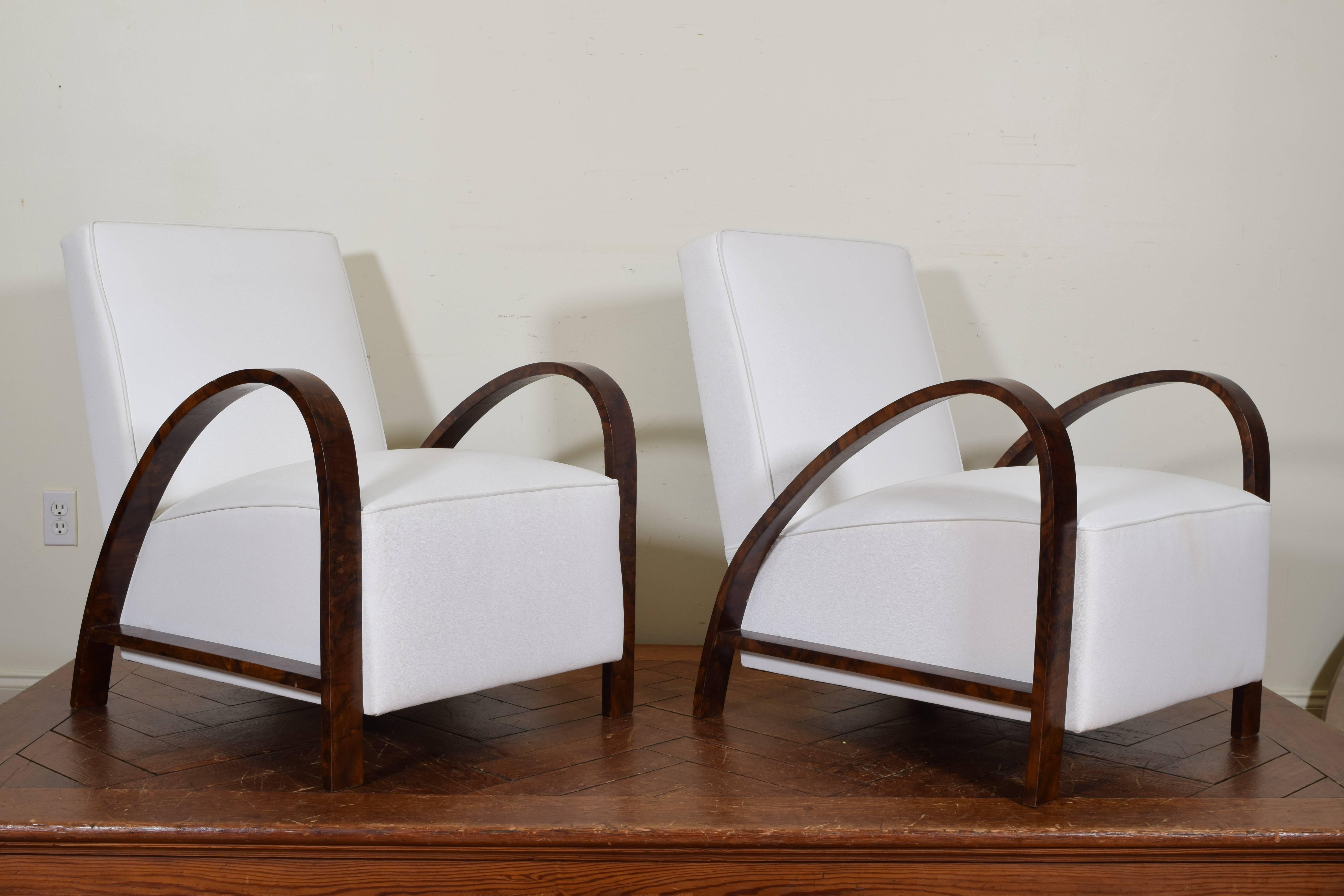 European Pair Continental Bentwood Lounge Chairs Upholstered in White Leather, circa 1930