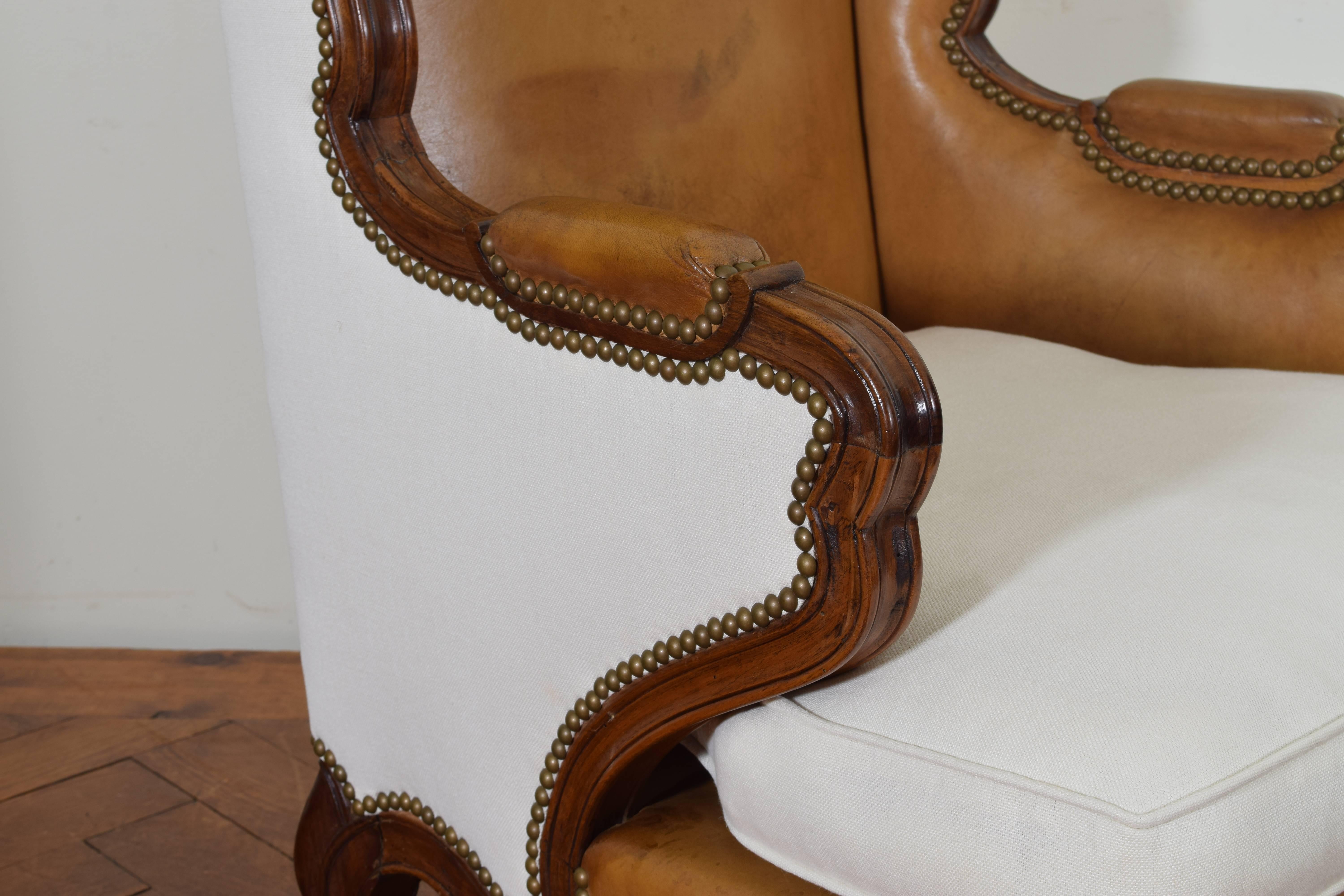 Spanish Rococo Style Walnut, Leather, and Linen Upholstered Bergère 1