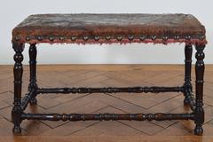 Italian Turned Walnut and Leather Upholstered Bench, Early 18th Century