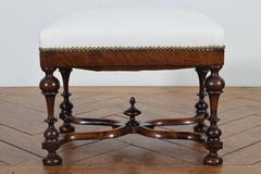 French Louis XIII Style Turned Walnut and Upholstered Bench