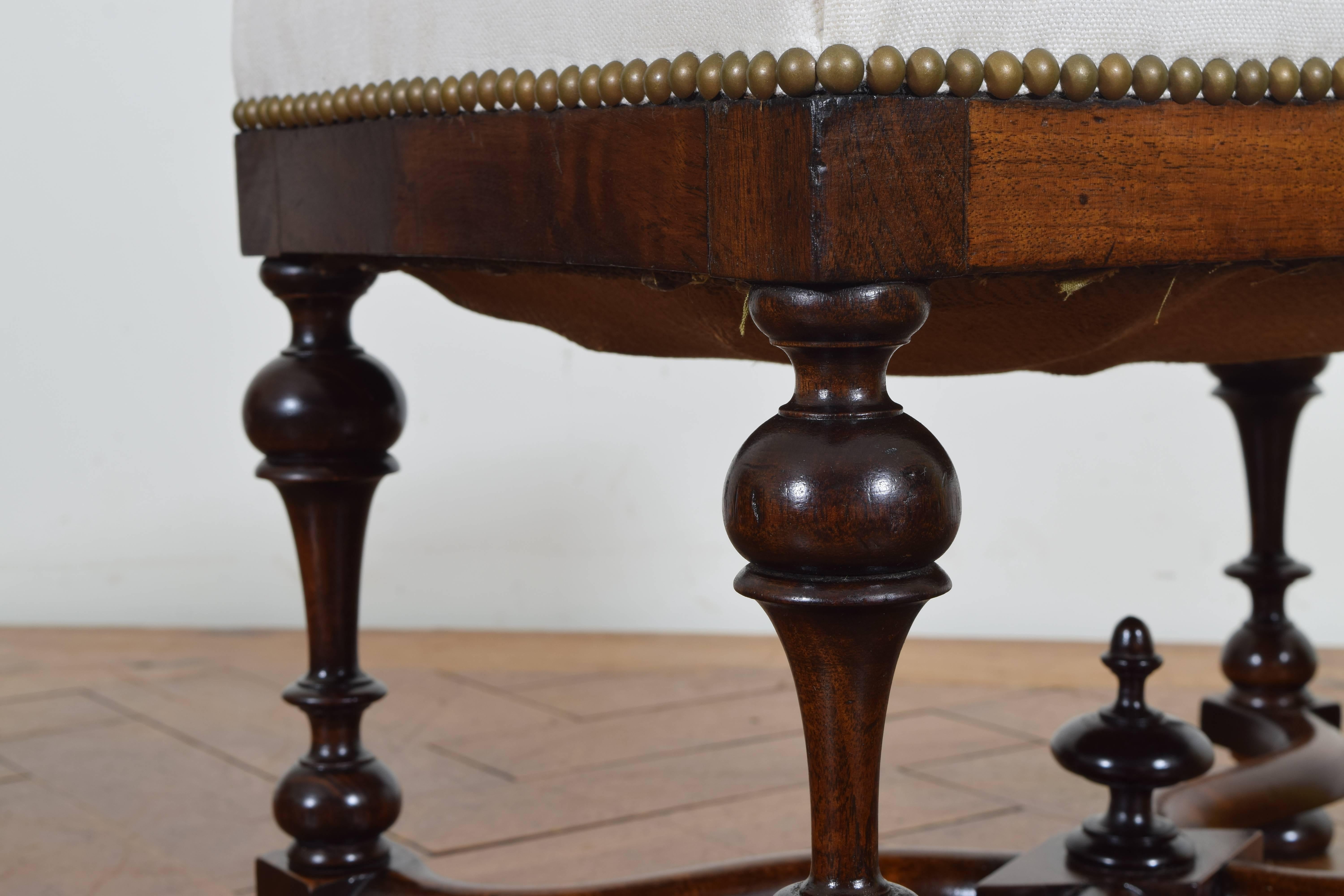 19th Century French Louis XIII Style Turned Walnut and Upholstered Bench