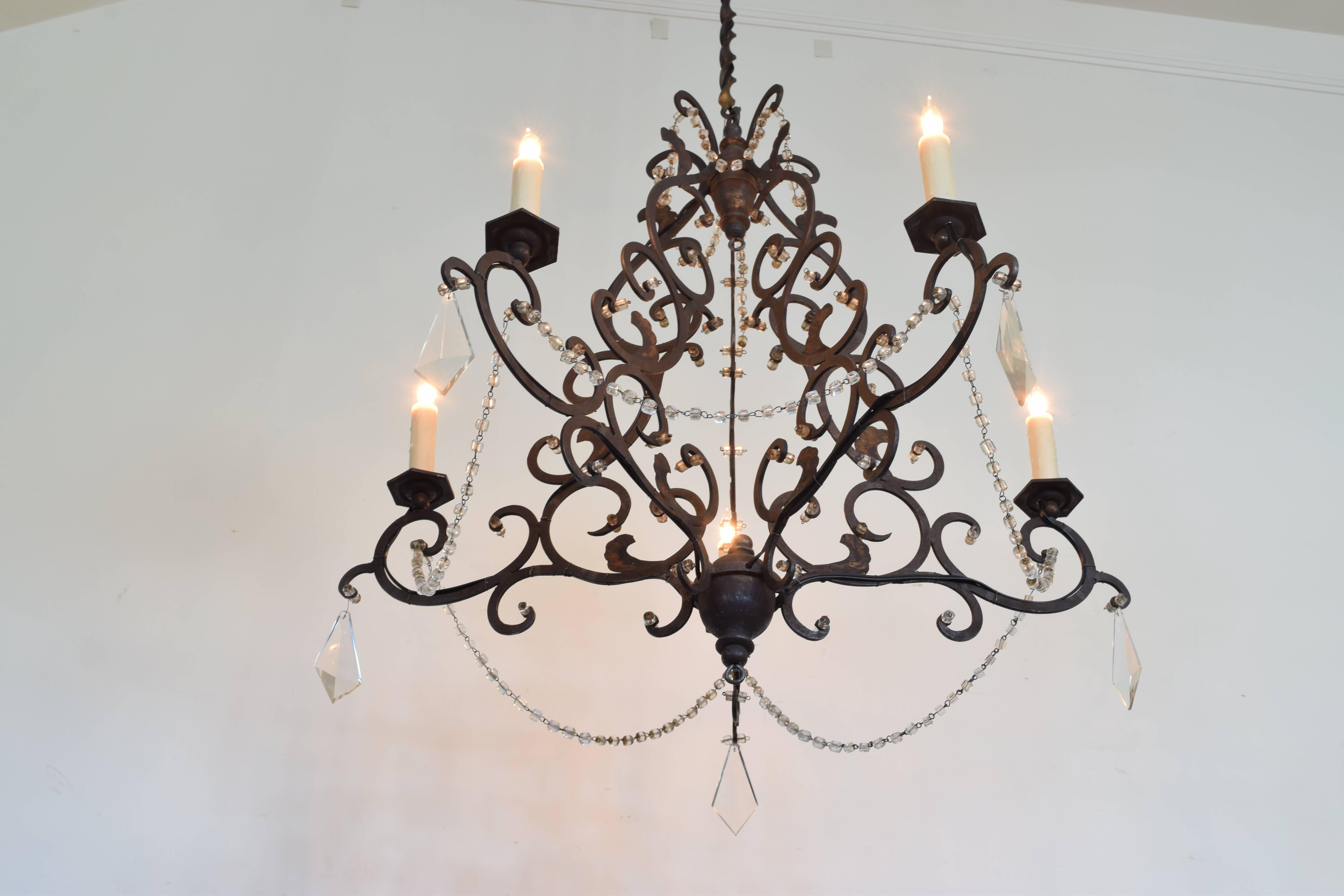 Rococo Italian Wrought and Gilt Iron Five-Light Chandelier, 19th Century