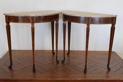 Pair of Italian Neoclassical Marble Top Consoles, Marquetry Walnut Veneer