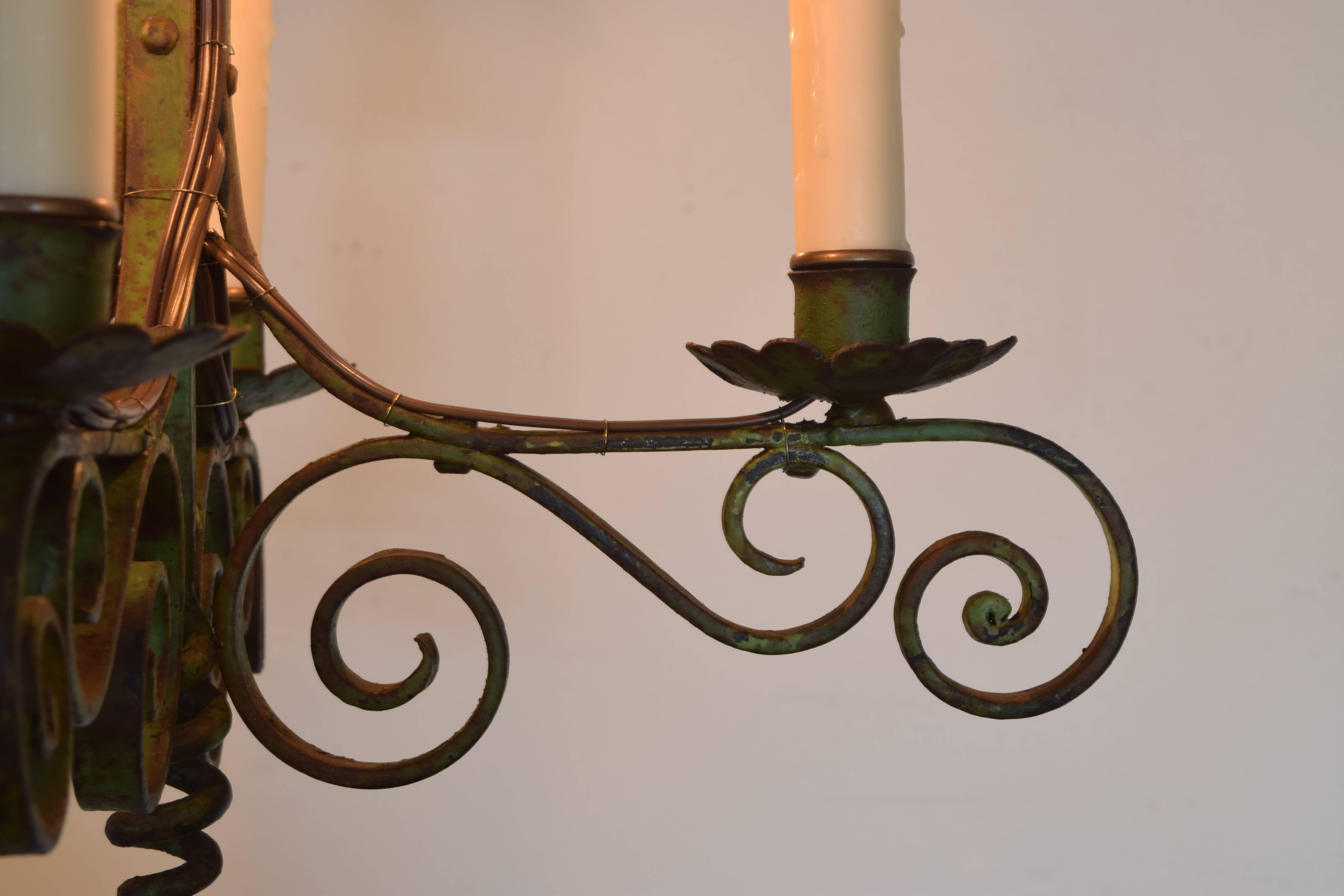 Italian Wrought and Green Painted Iron Four-Light Chandelier, Early 20th Century 3