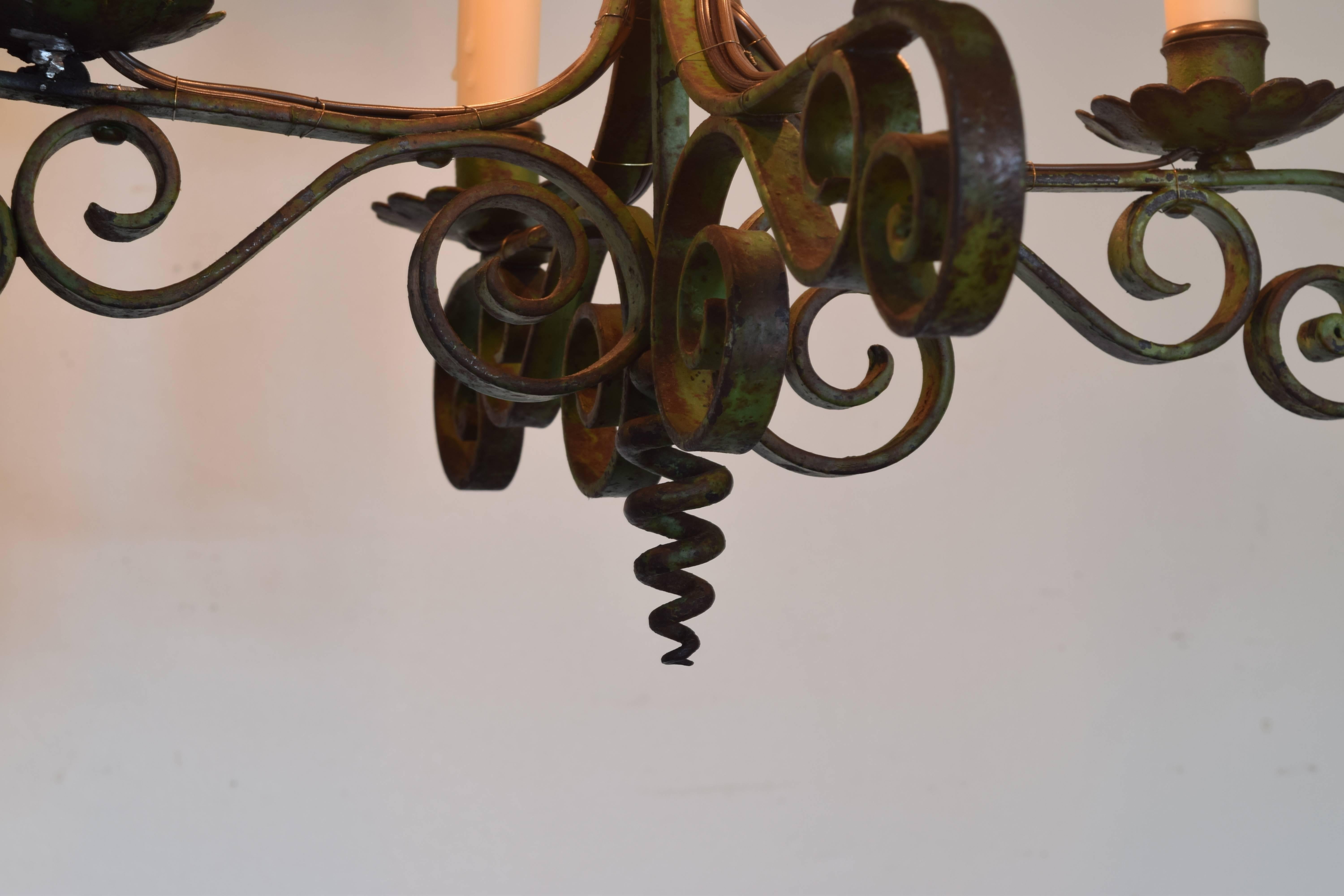 Italian Wrought and Green Painted Iron Four-Light Chandelier, Early 20th Century 4