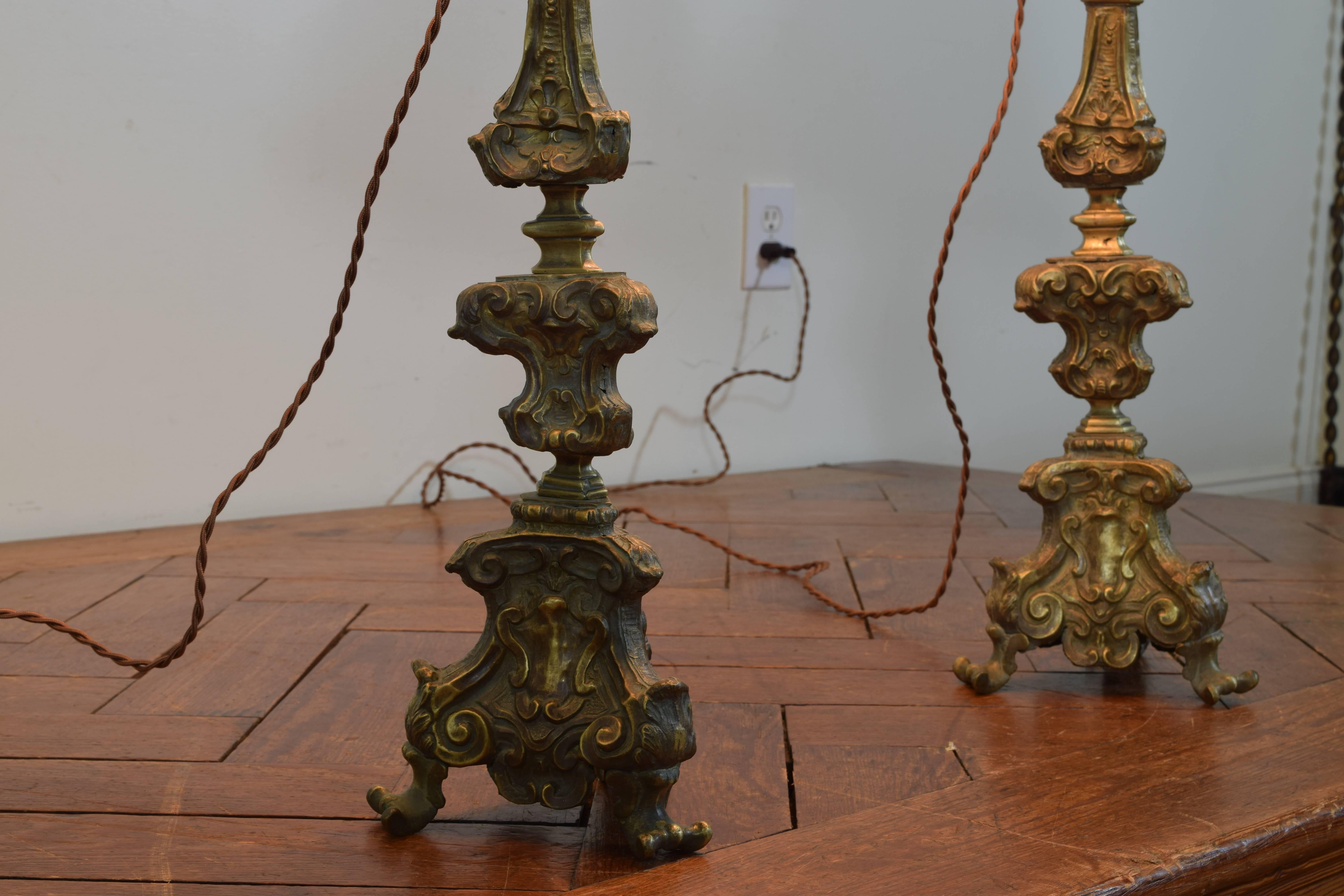 Italian Rococo Pair of Patinated Brass Table Lamps, Mid-18th Century 2