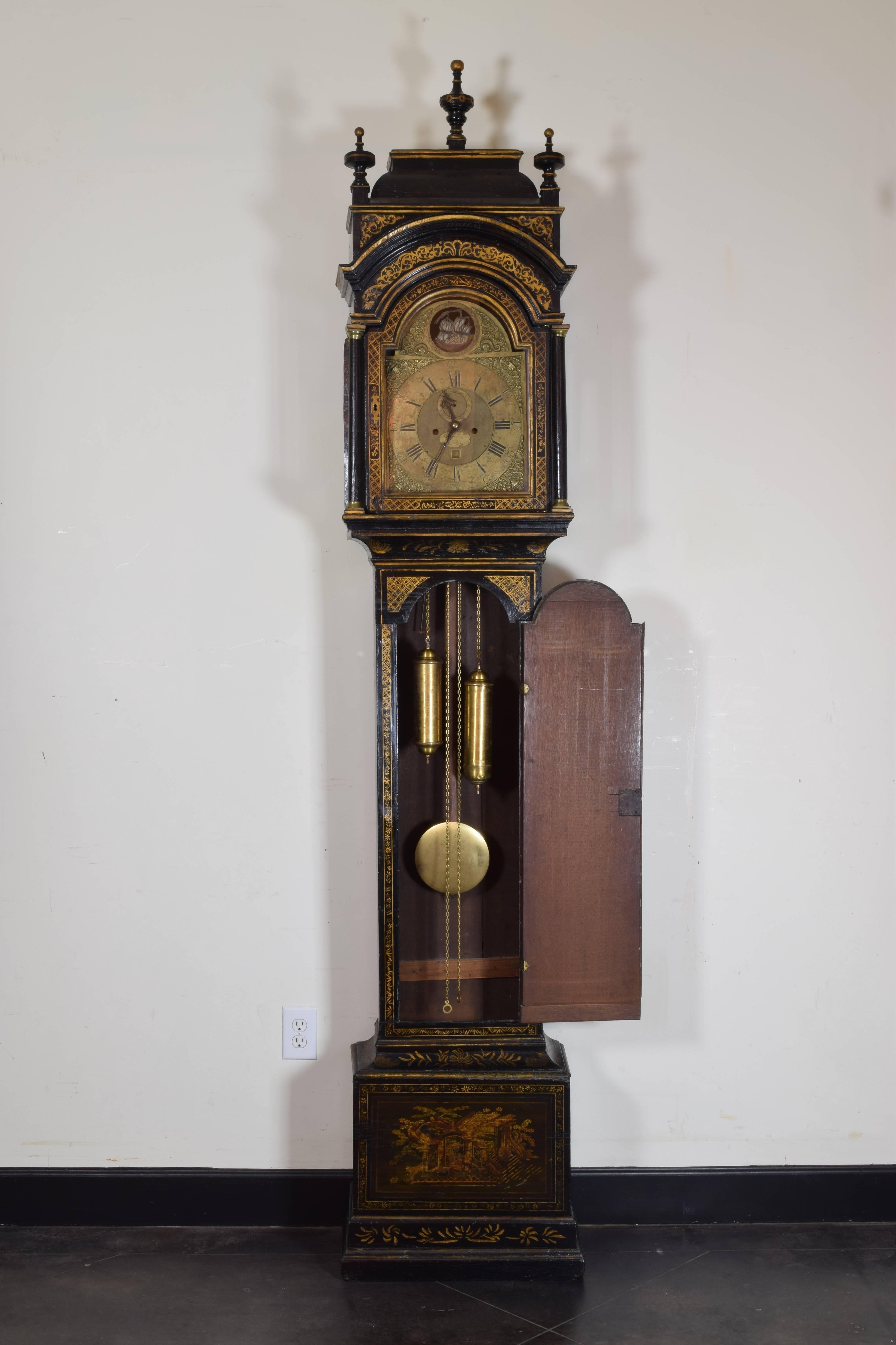 English George II Period Chinoiserie Black Lacquer Longcase Clock, Mid-18th Century
