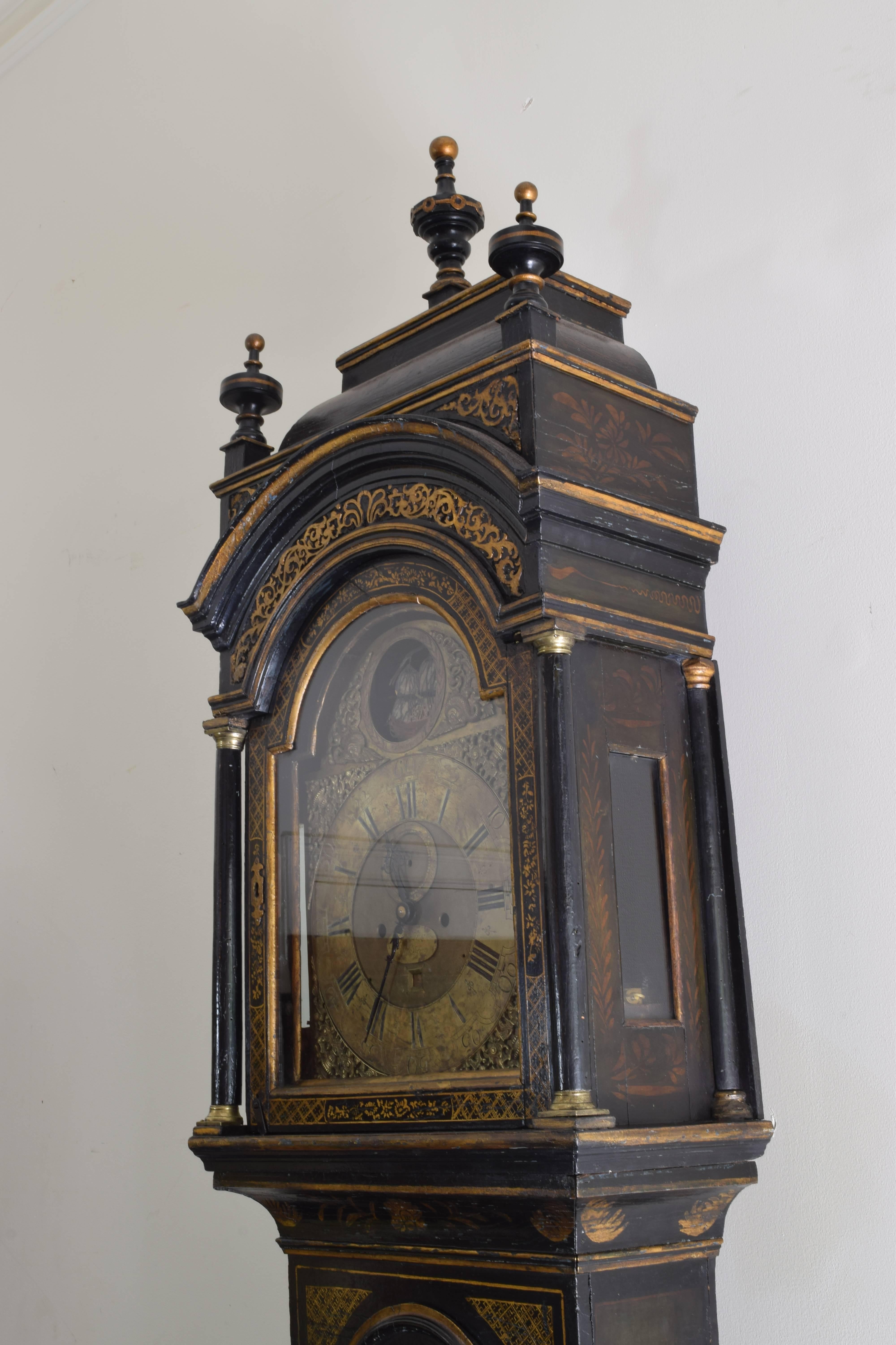 George II Period Chinoiserie Black Lacquer Longcase Clock, Mid-18th Century 1