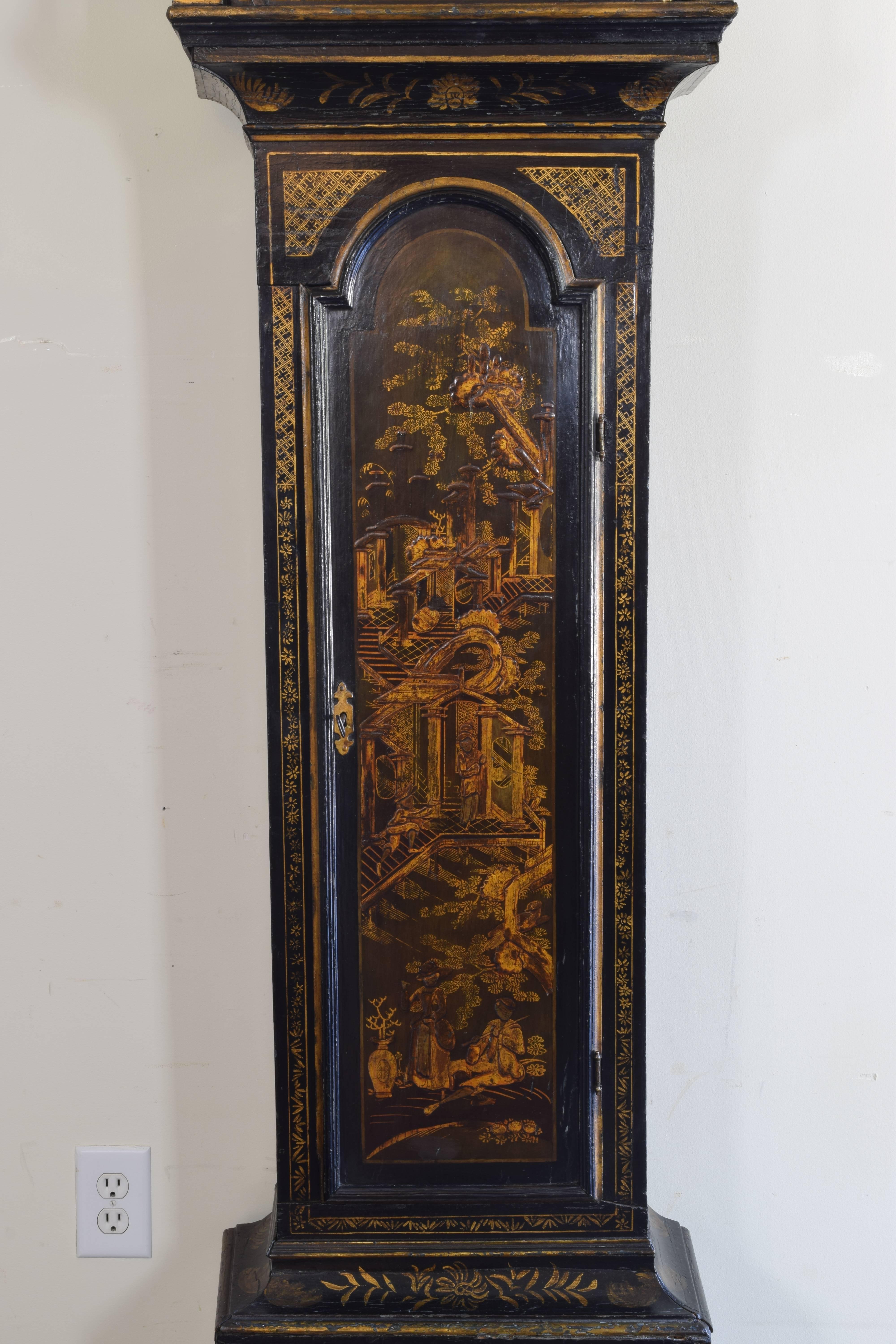George II Period Chinoiserie Black Lacquer Longcase Clock, Mid-18th Century 5