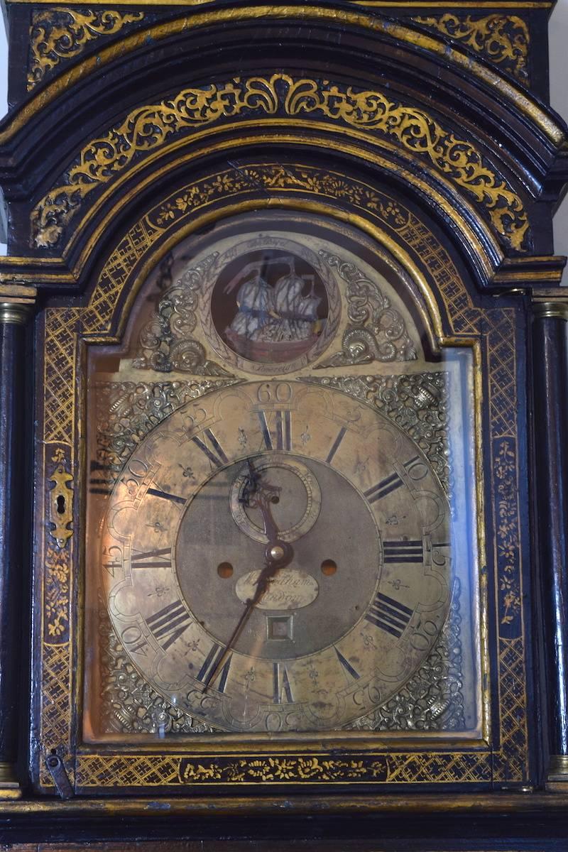 George II Period Chinoiserie Black Lacquer Longcase Clock, Mid-18th Century 3