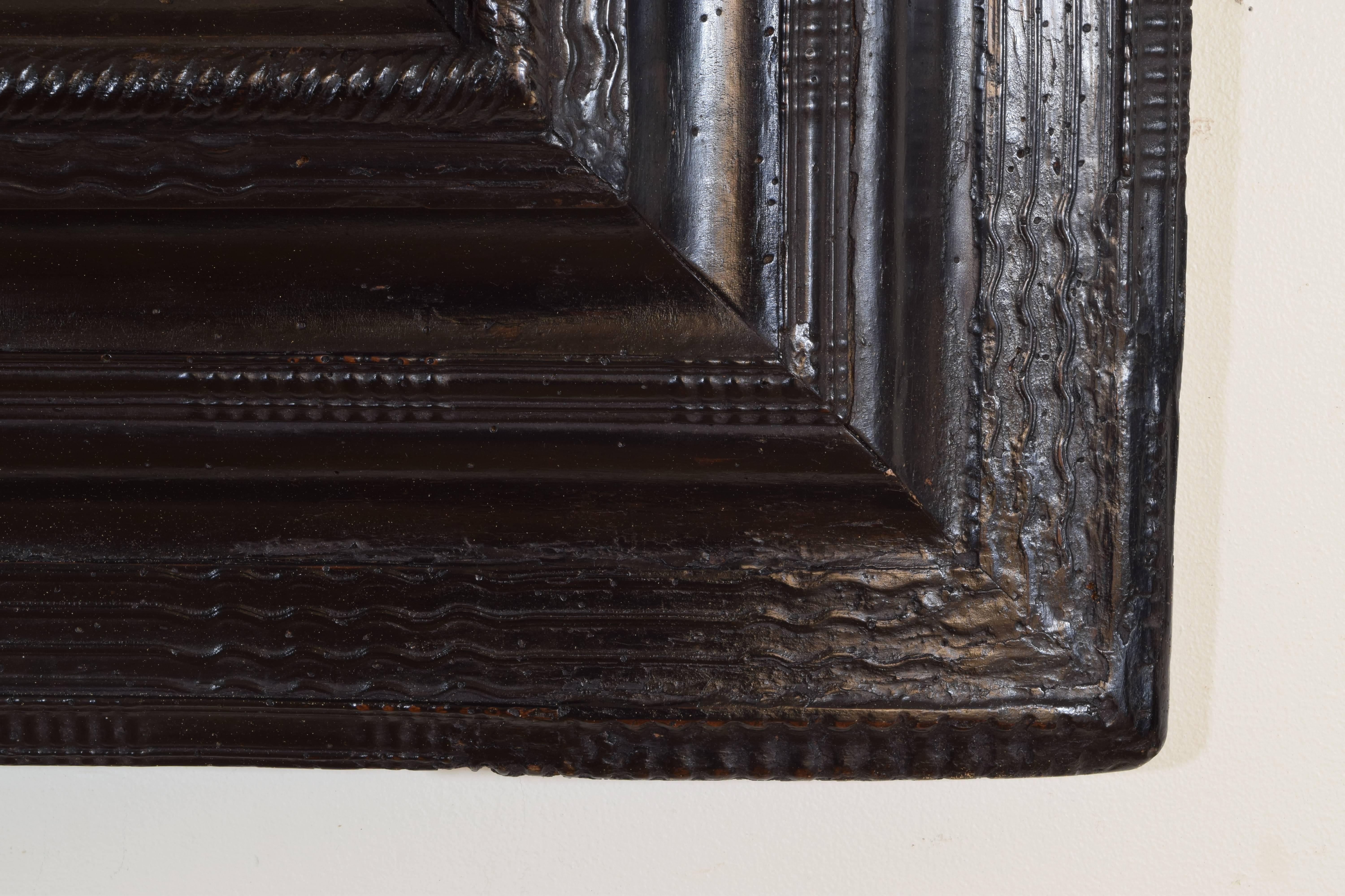 Tooled Leather Panel in Italian, Lombardia, Baroque Guilloche Ebonized Frame 2