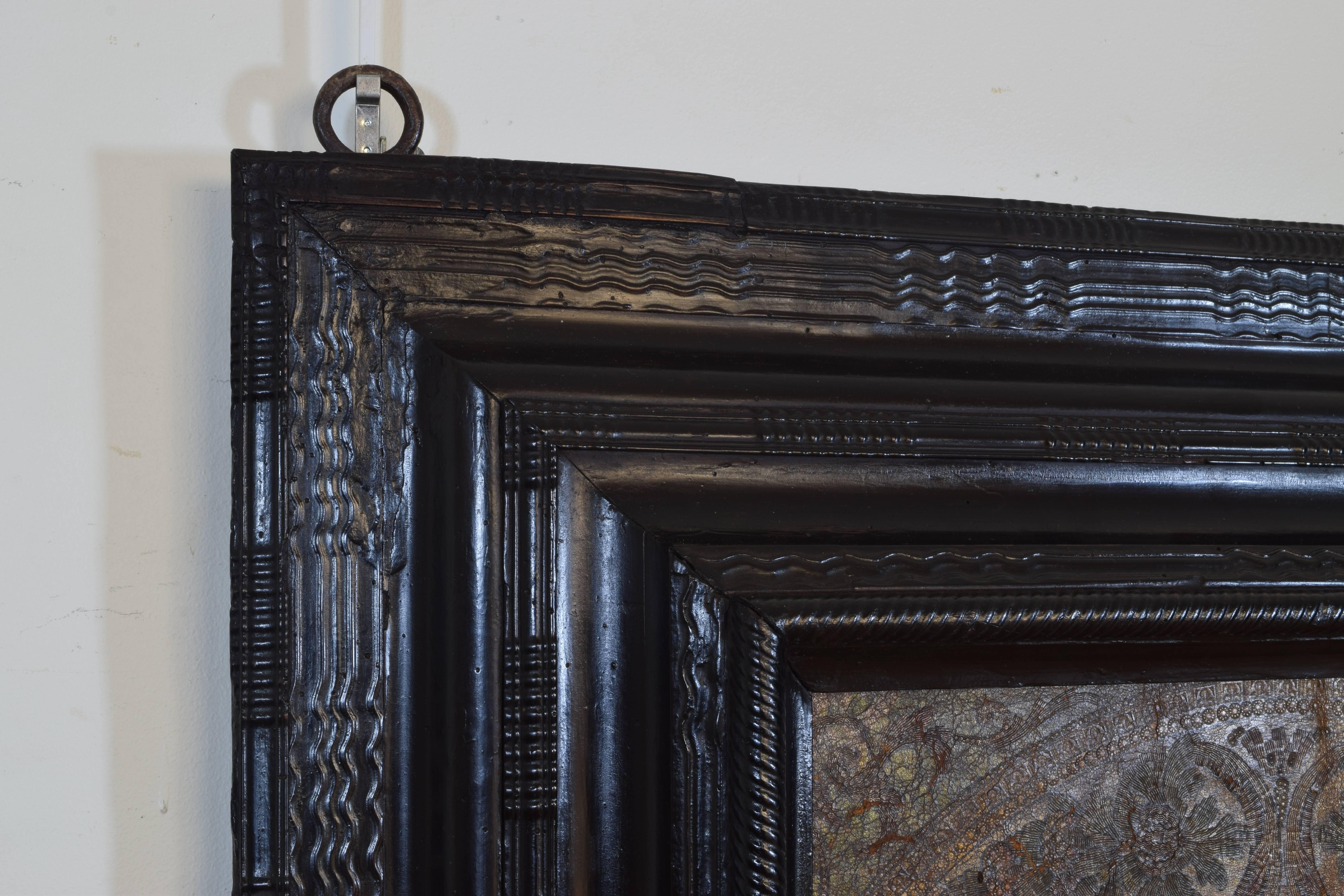 18th Century and Earlier Tooled Leather Panel in Italian, Lombardia, Baroque Guilloche Ebonized Frame