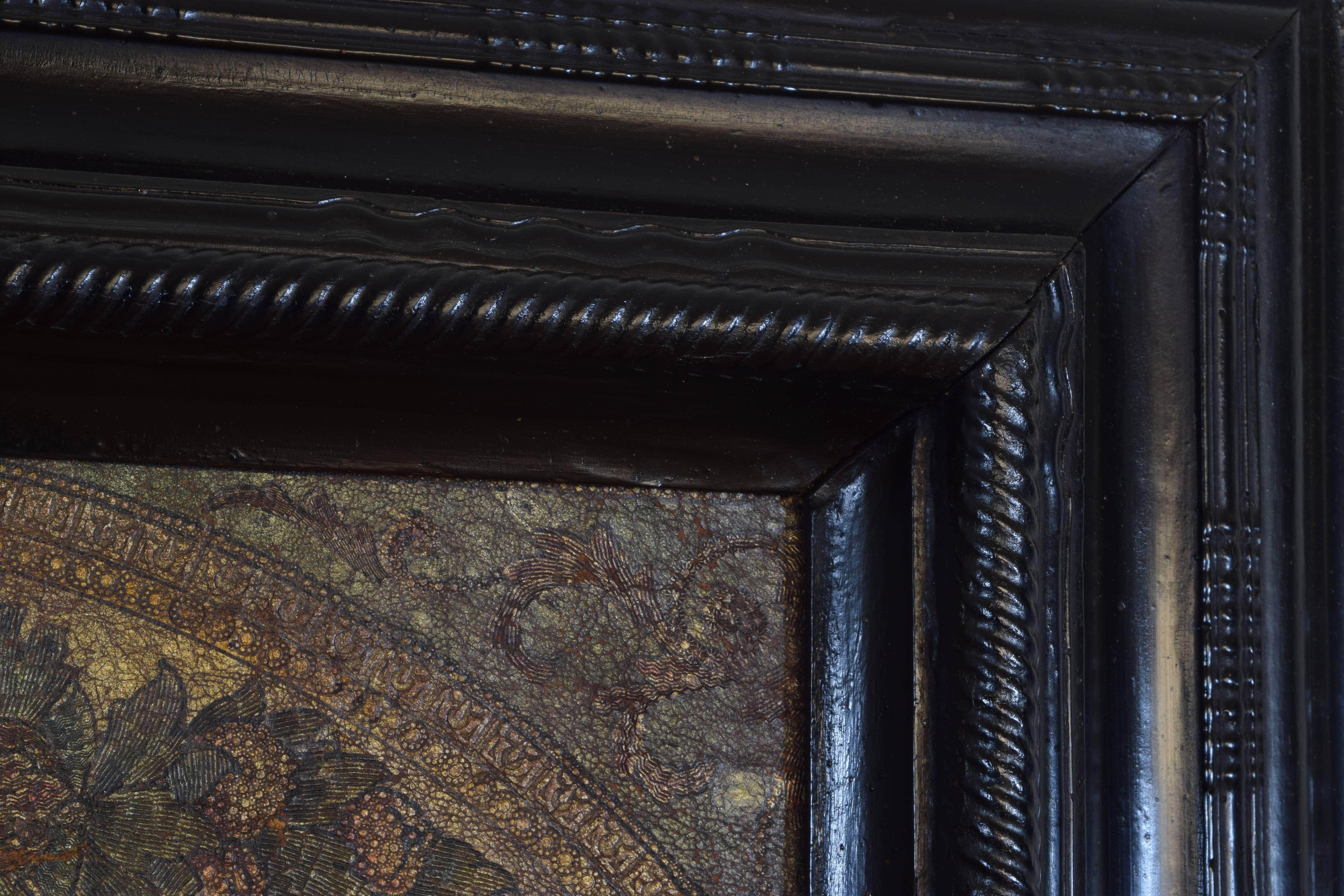 Tooled Leather Panel in Italian, Lombardia, Baroque Guilloche Ebonized Frame 1