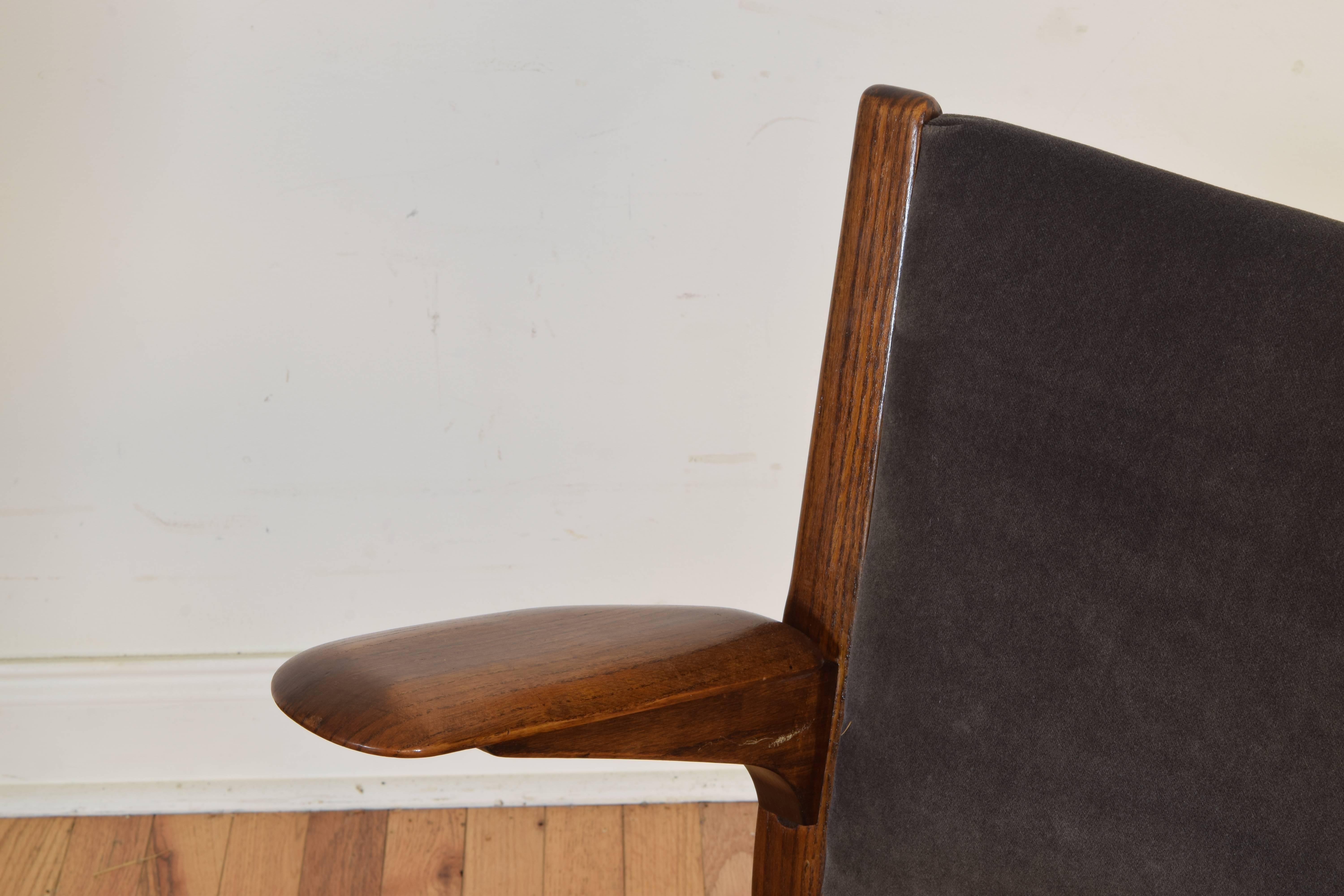French Midcentury Oak Armchair Upholstered in Grey Velvet 1