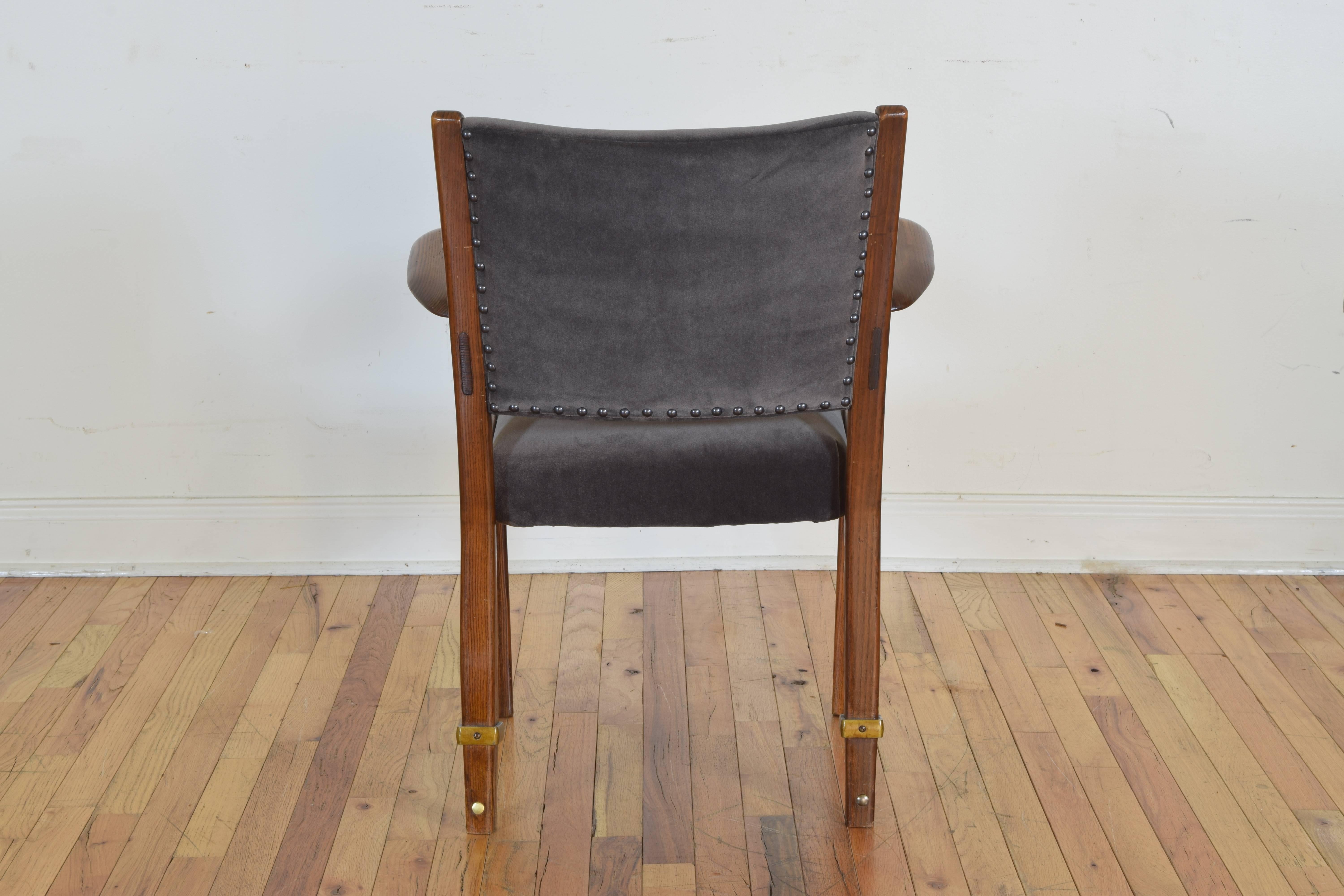 French Midcentury Oak Armchair Upholstered in Grey Velvet In Excellent Condition In Atlanta, GA