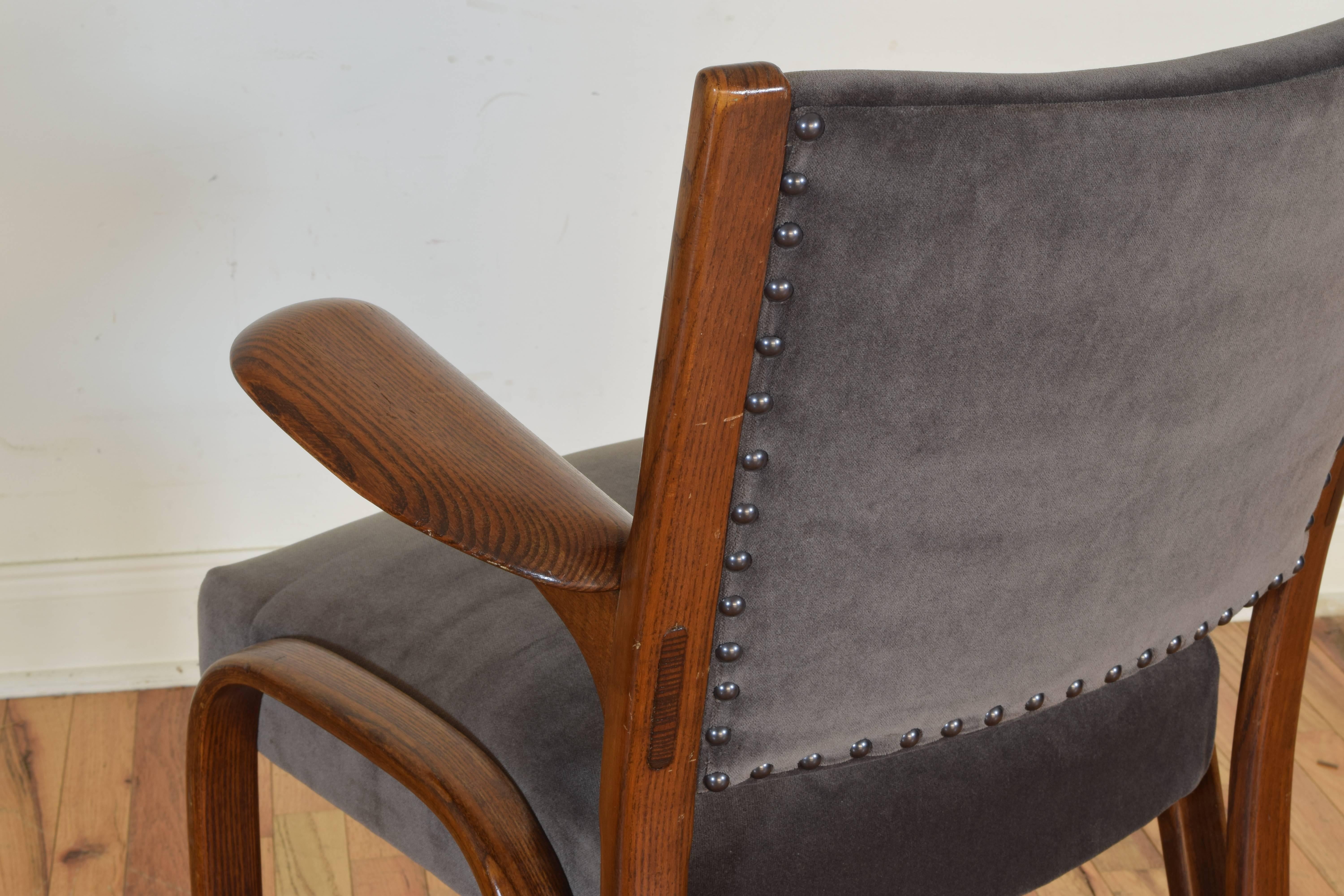 20th Century French Midcentury Oak Armchair Upholstered in Grey Velvet