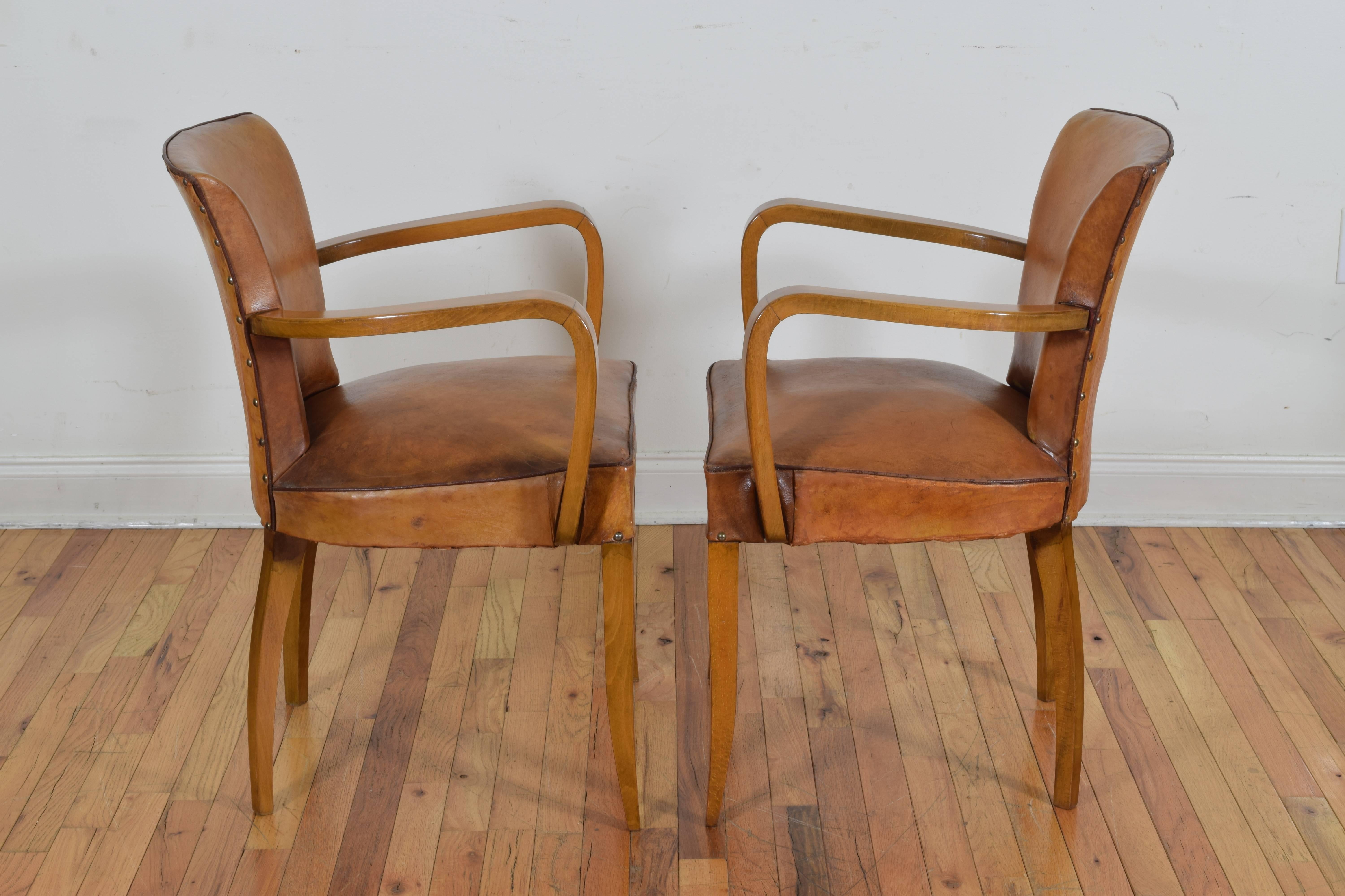Mid-20th Century Pair of French Art Deco Light Walnut and Leather Upholstered Armchairs