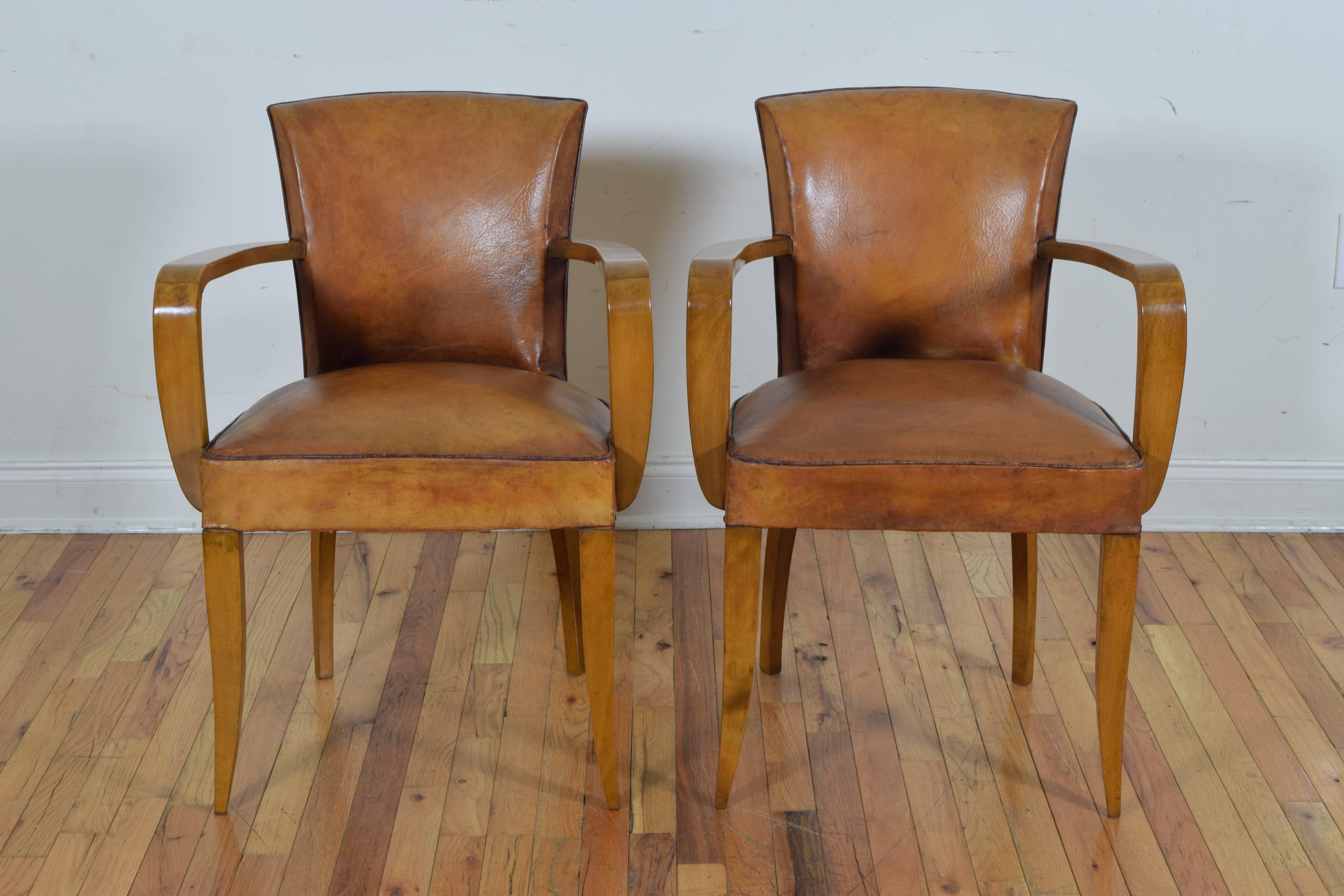 Pair of French Art Deco Light Walnut and Leather Upholstered Armchairs In Excellent Condition In Atlanta, GA