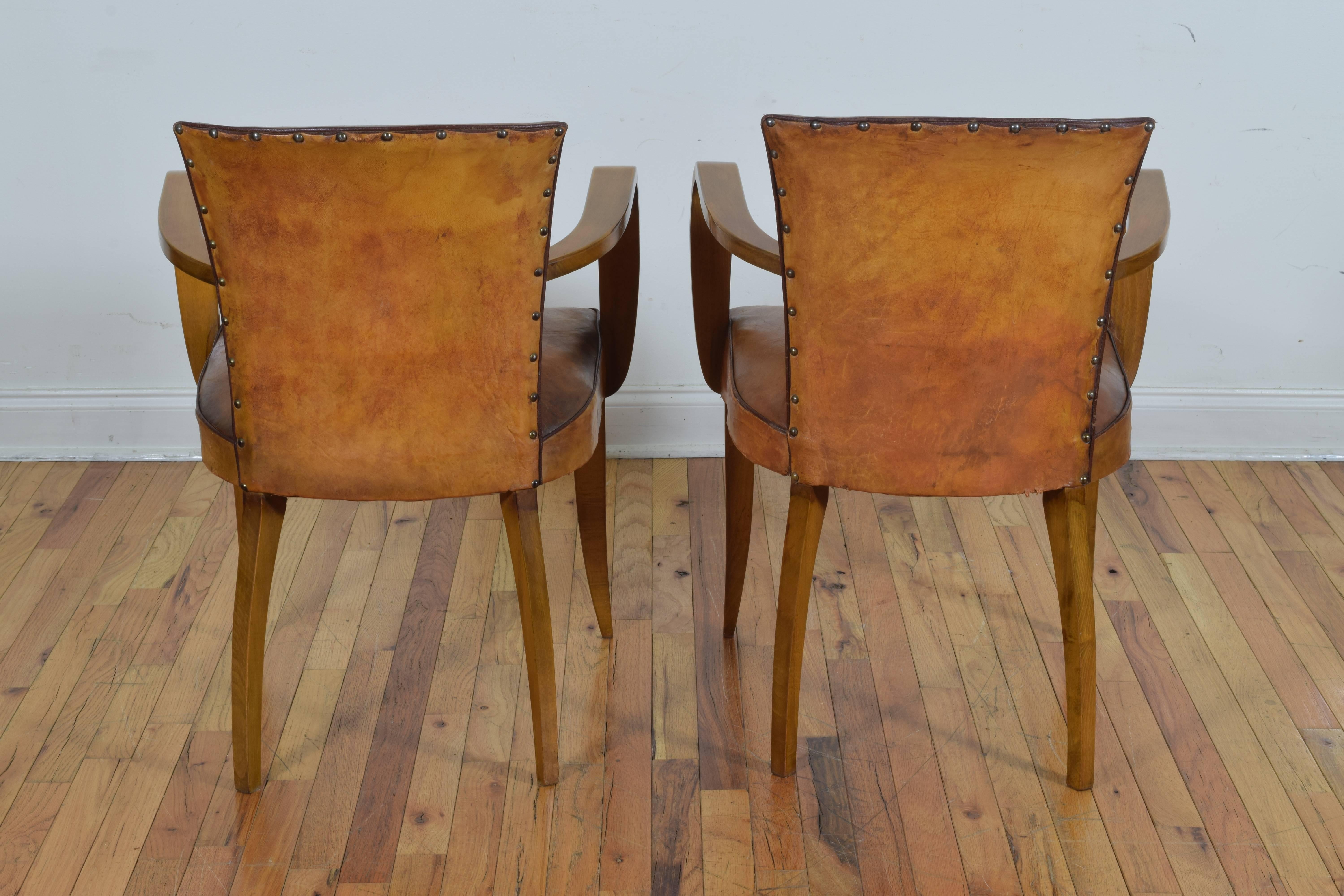 Pair of French Art Deco Light Walnut and Leather Upholstered Armchairs 1