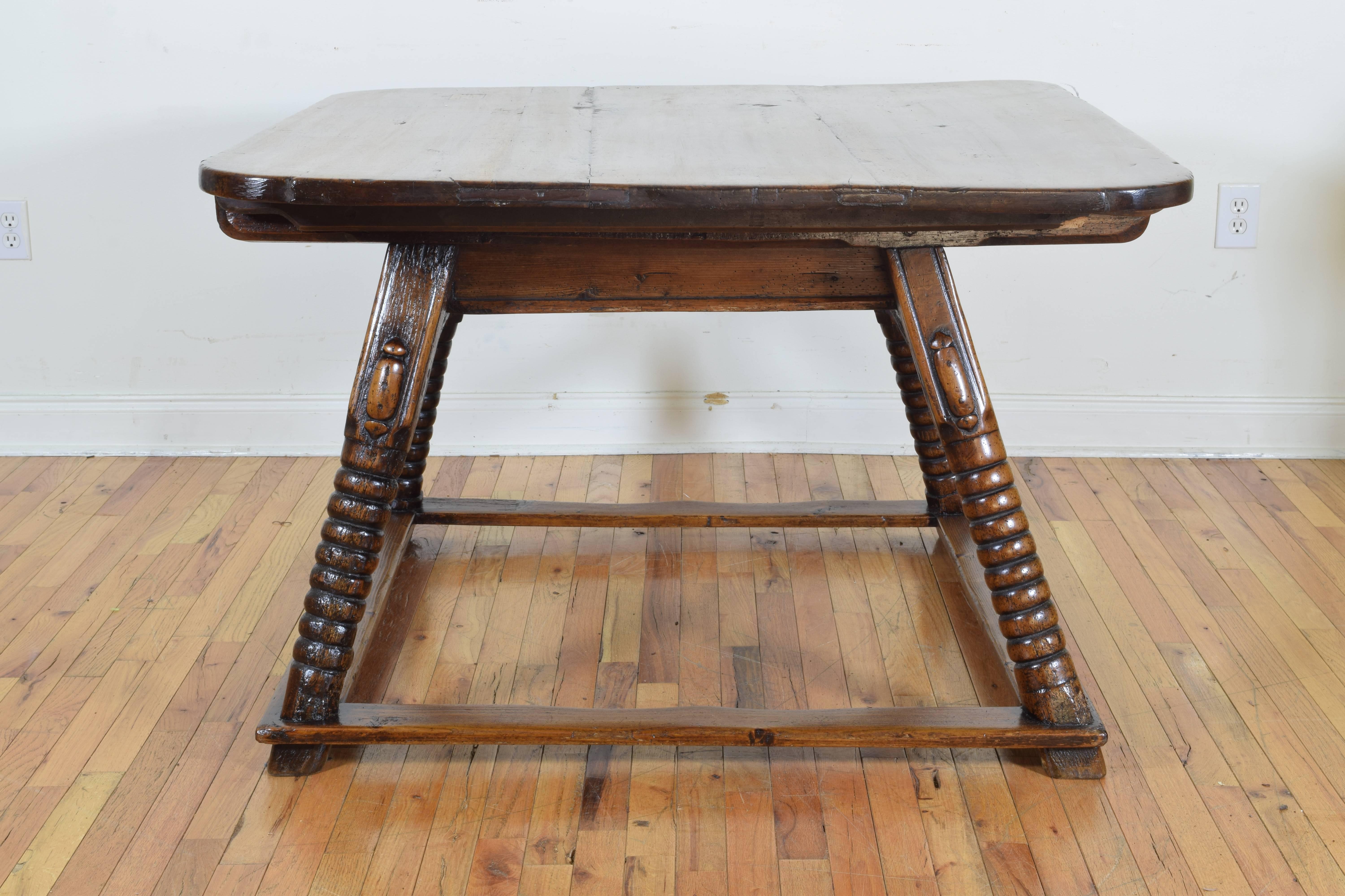 Dutch Late Baroque Walnut and Pine Kitchen Table with Large Sliding Drawer In Excellent Condition In Atlanta, GA