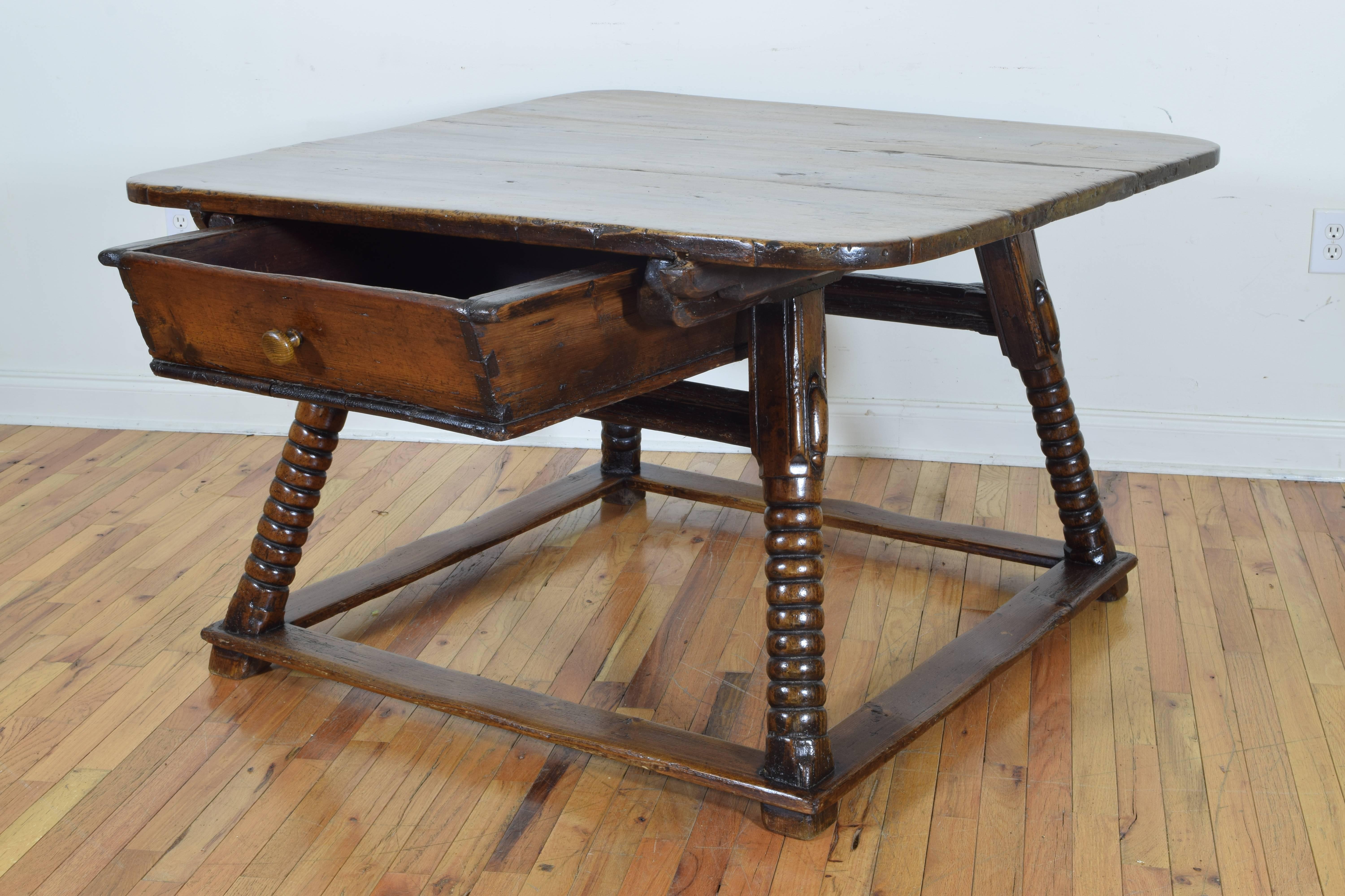 18th Century Dutch Late Baroque Walnut and Pine Kitchen Table with Large Sliding Drawer