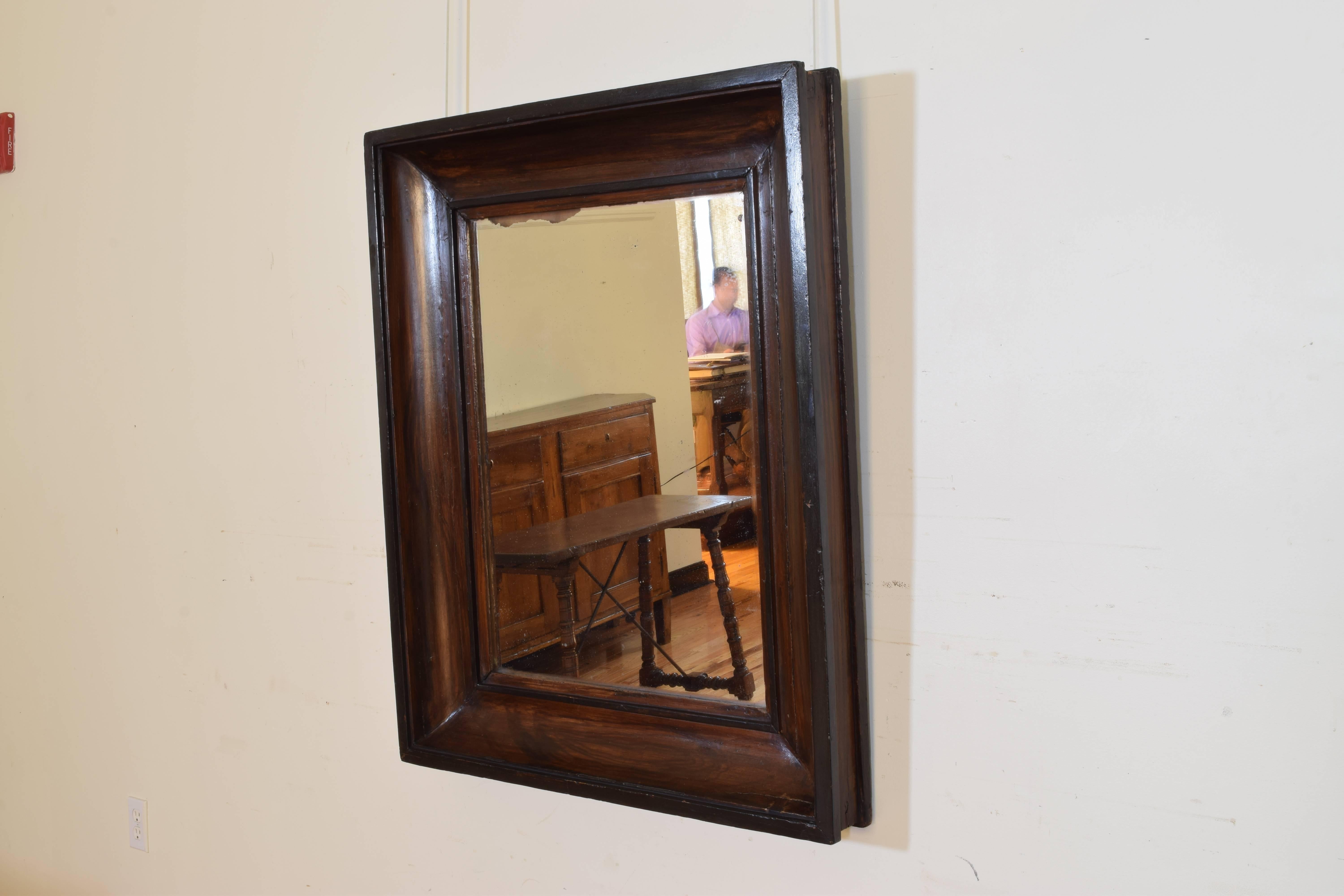 having a concave molded edge design with alternating faux painted and ebonized sections, wooden with gesso overlay, retaining likely original antique mirrorplate