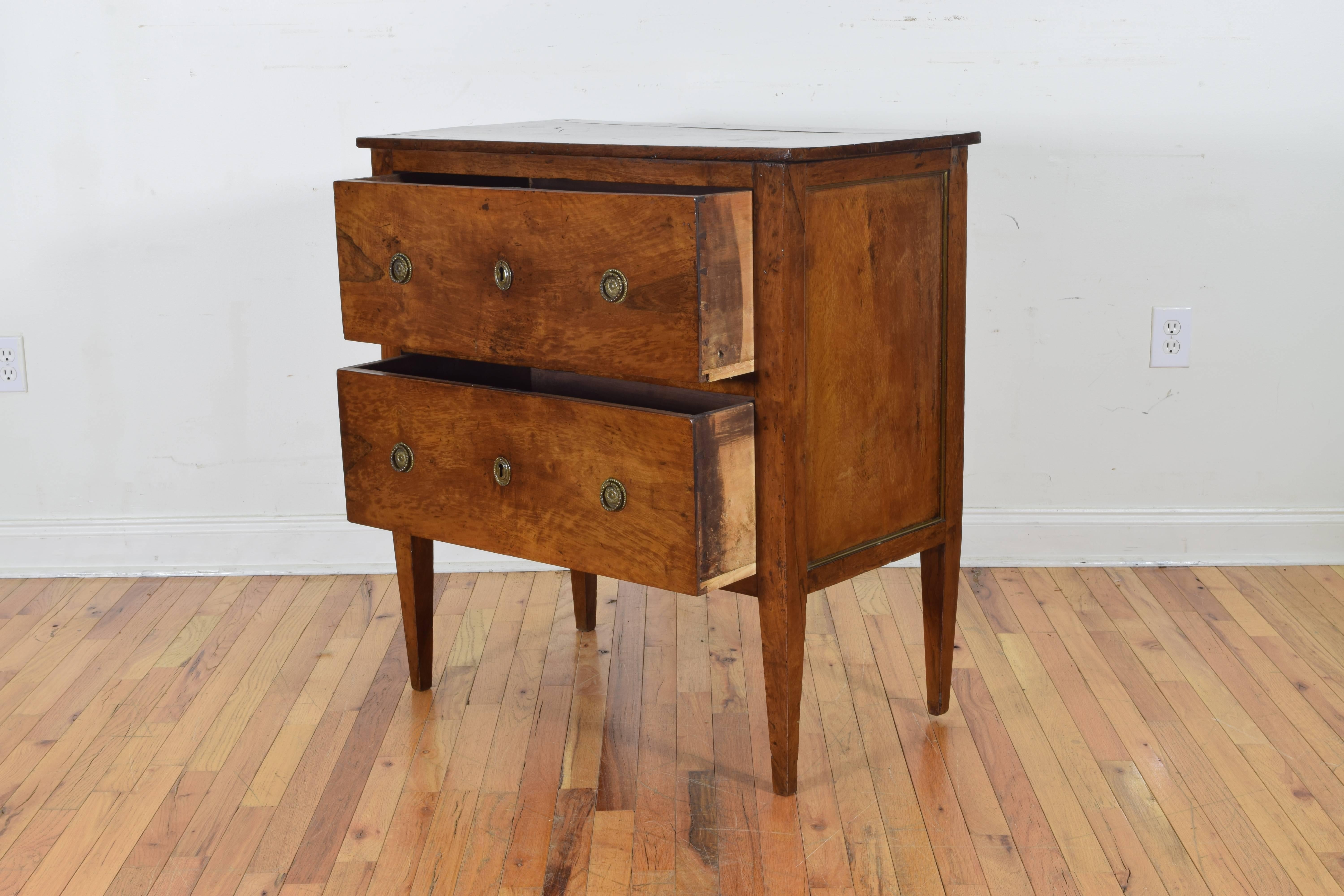 Italian Neoclassic Light Walnut and Brass Bound Two-Drawer Commode In Good Condition In Atlanta, GA