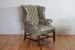 English Mahogany and Tufted Leather Wing Chair, 20th Century